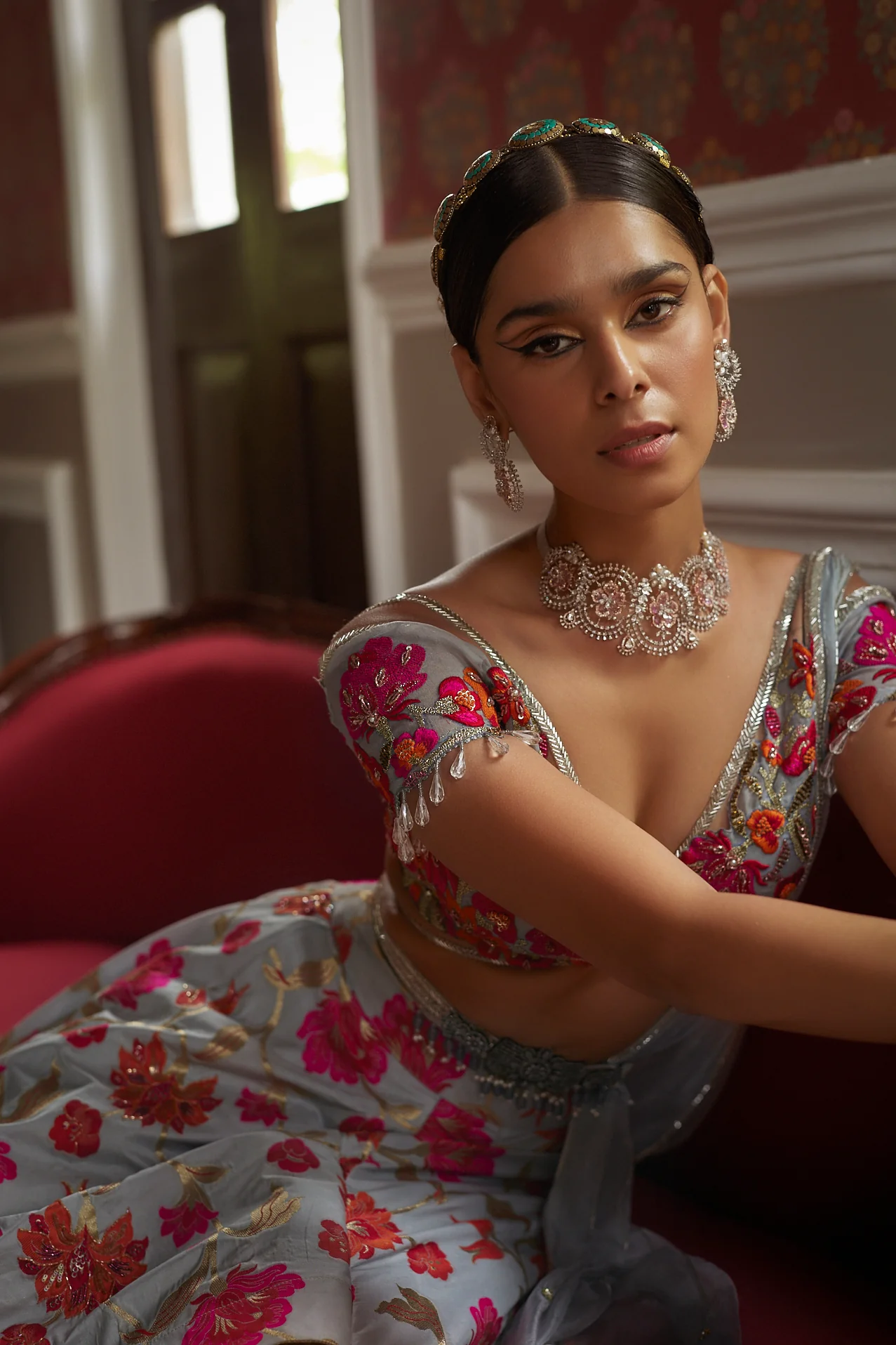 Grey Floral Silk Lehenga - Image 5