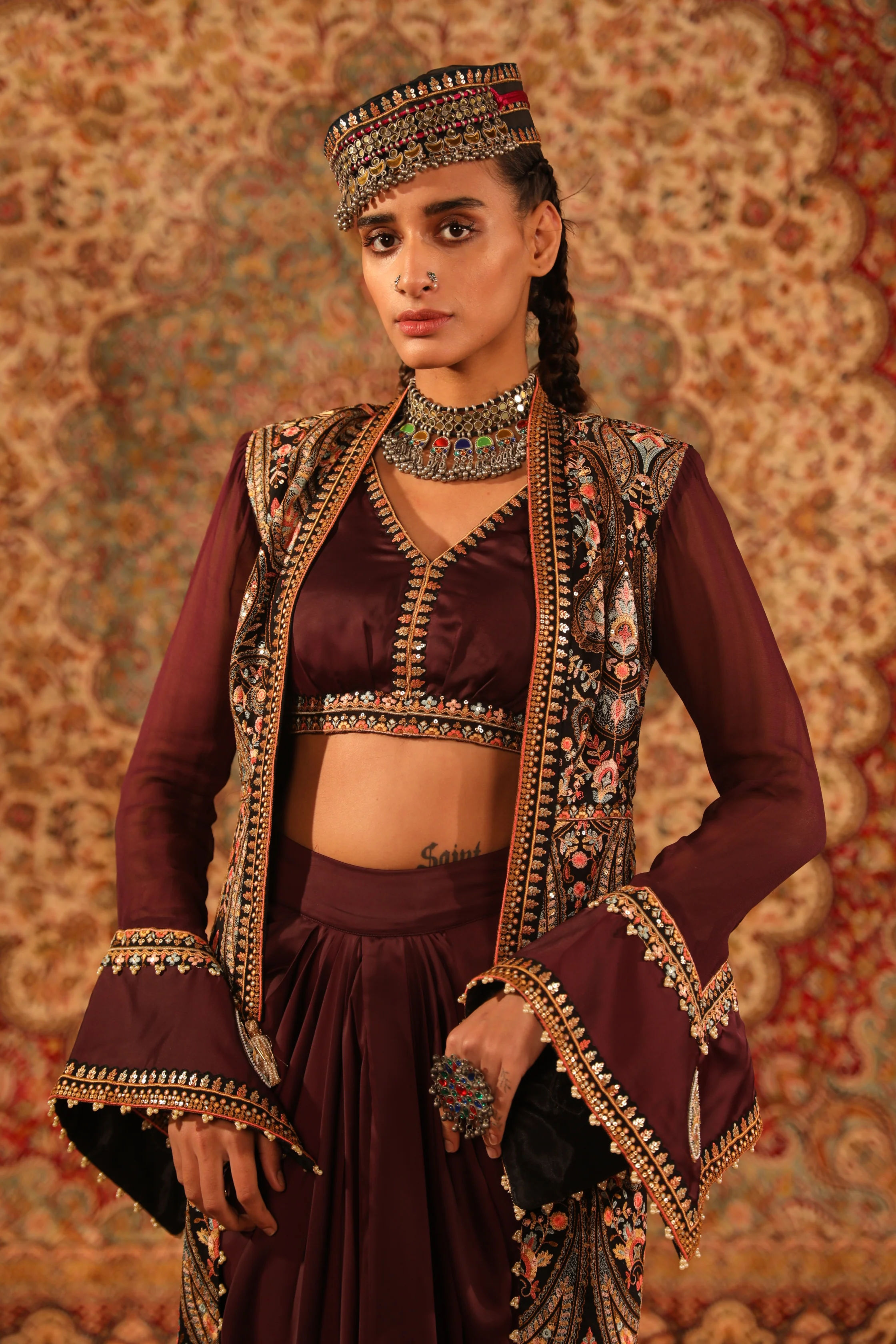 Wine Kashida jacket & draped skirt - Image 3