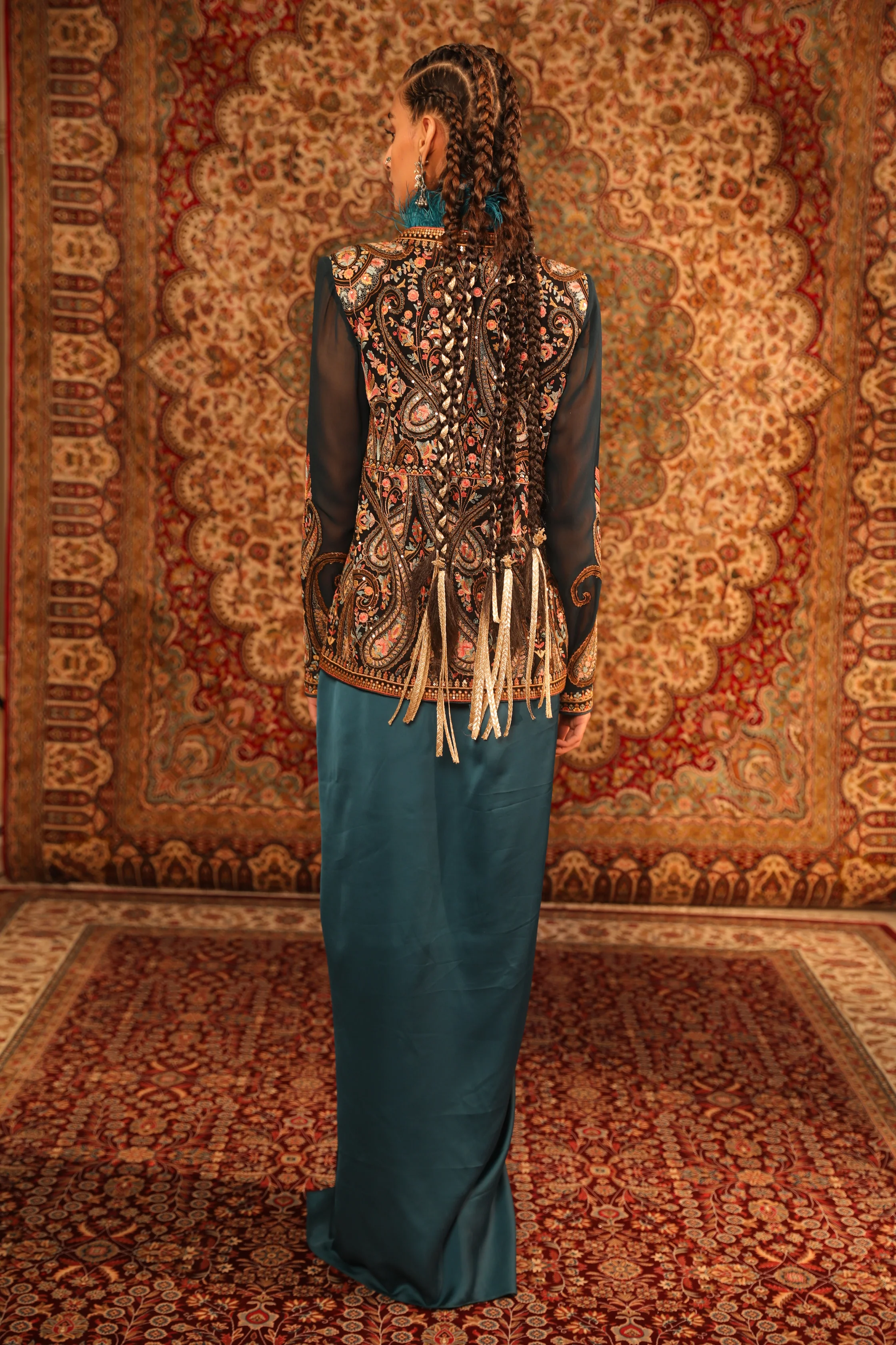 Teal Kashida Jacket set - Image 3