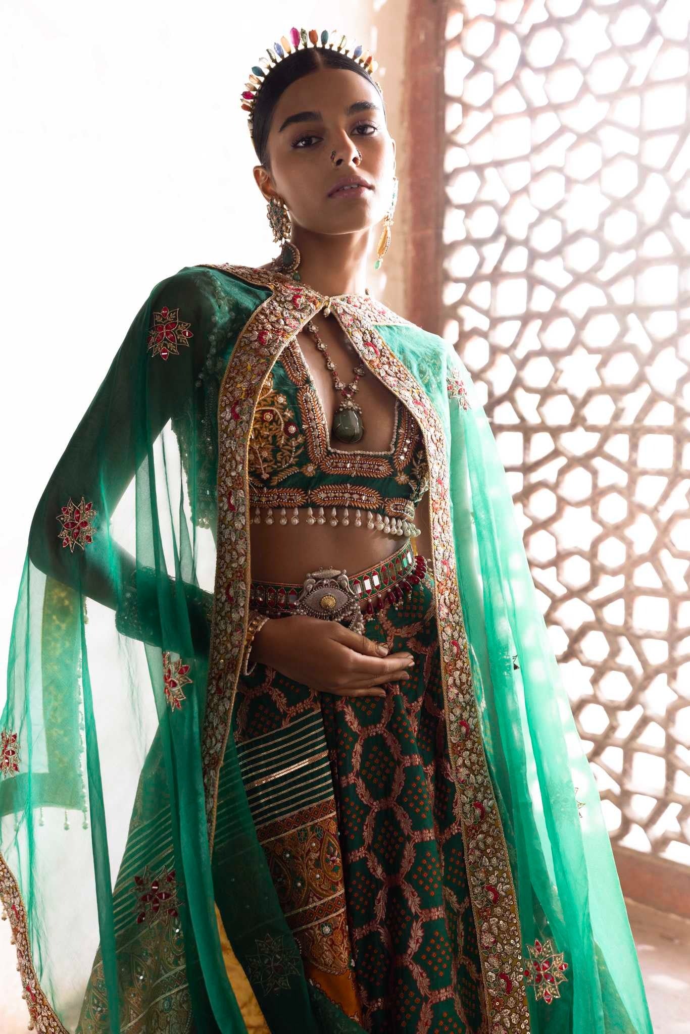 Emerald Green Bandhani Banarasi Lehenga - Image 3