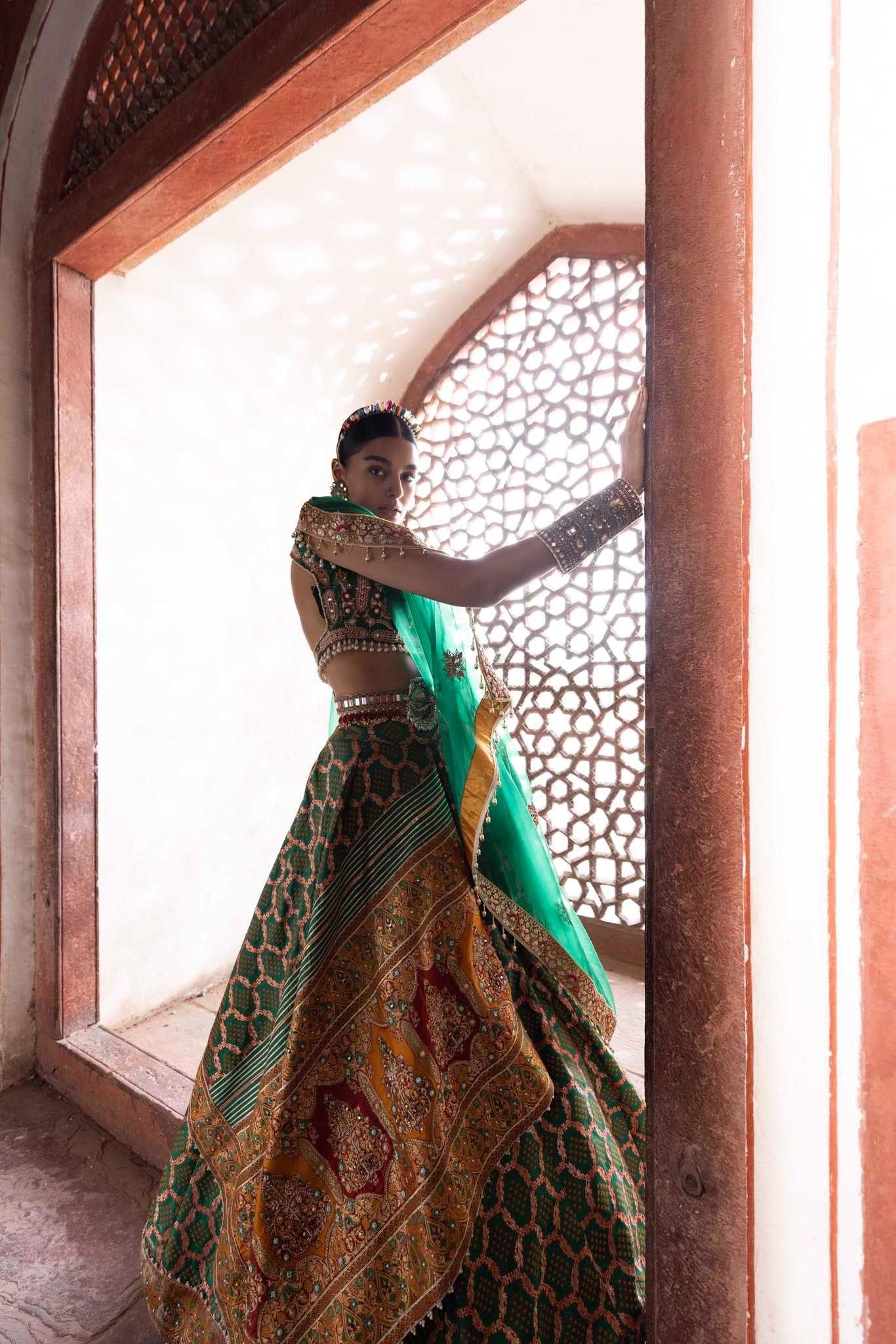Emerald Green Bandhani Banarasi Lehenga - Image 4