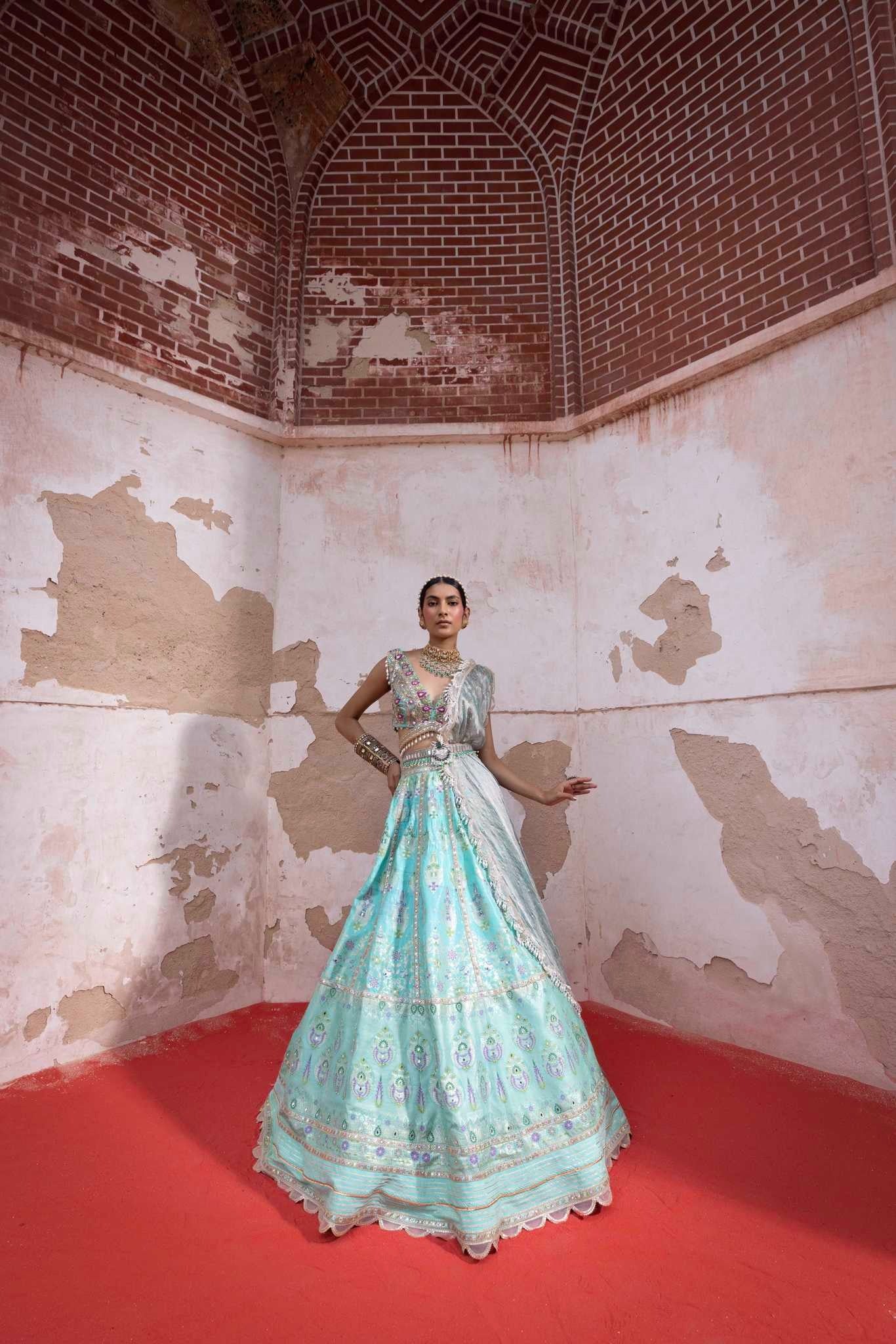 Firozi Chanderi Banarasi Lehenga - Image 3