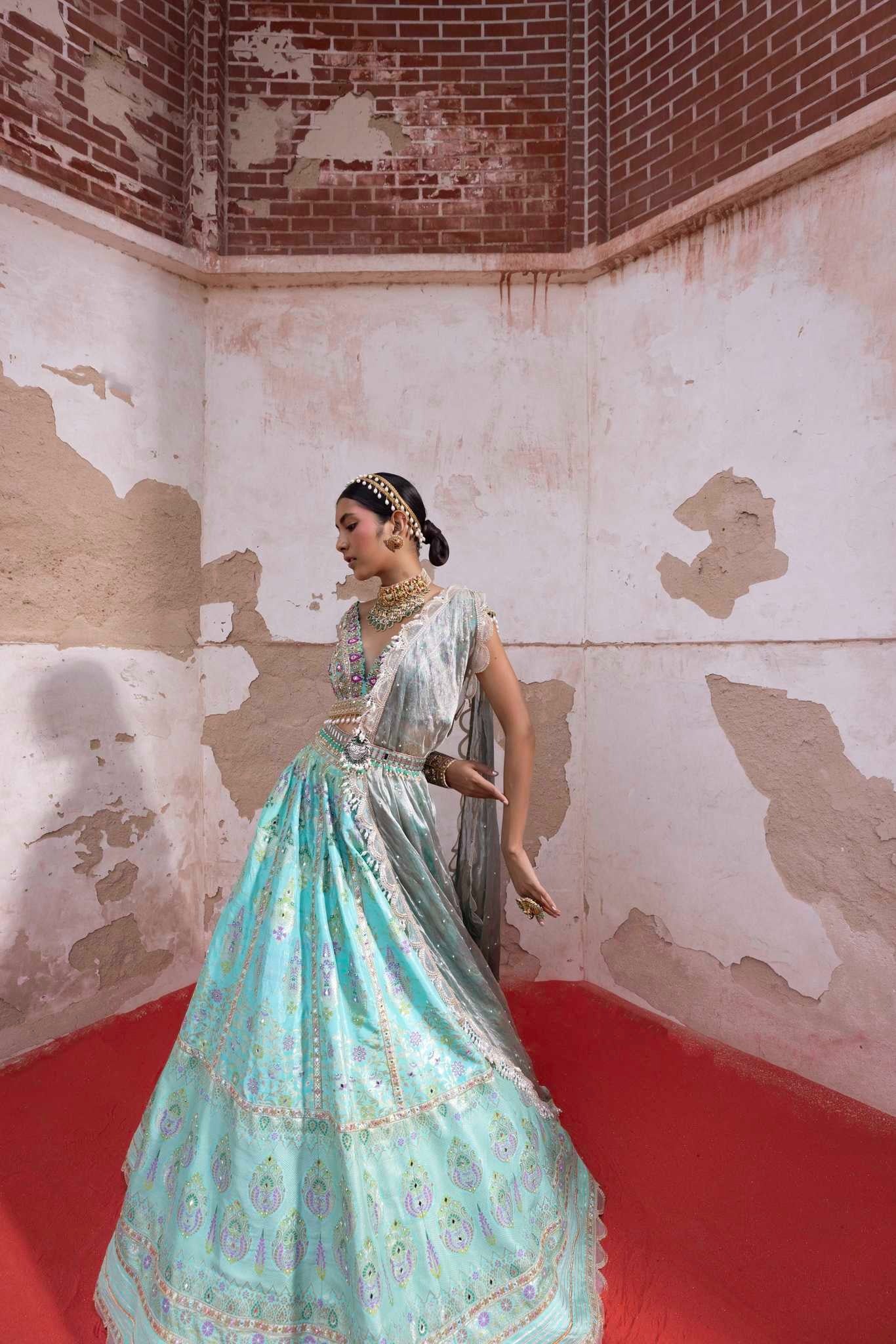 Firozi Chanderi Banarasi Lehenga - Image 4