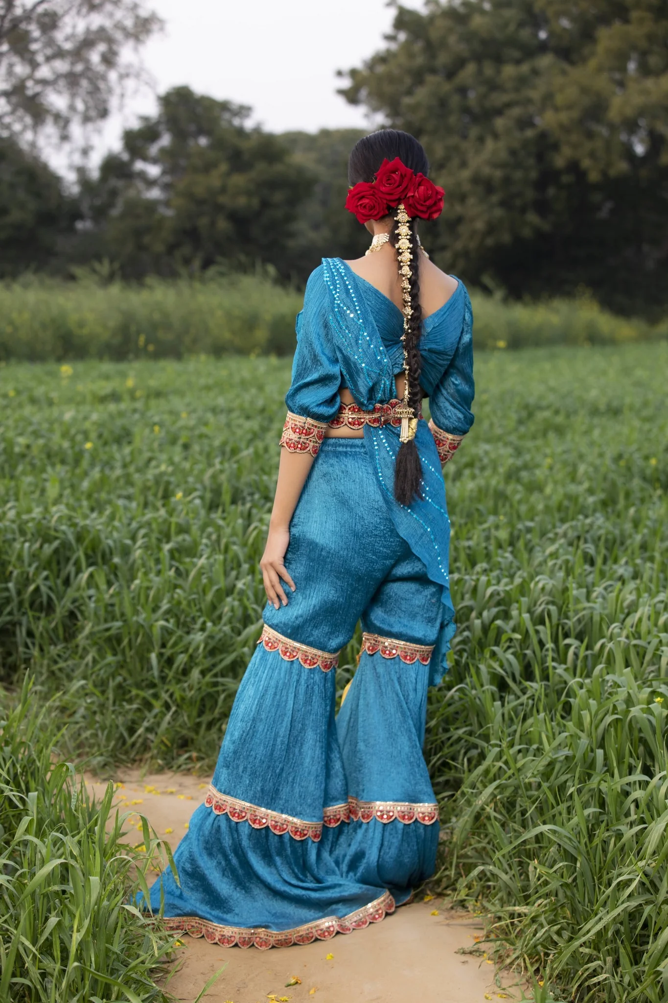 Firozi Hand-Crushed & Pleated Pure Silk Sharara - Image 3