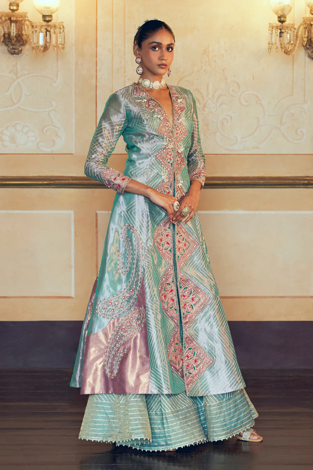 Firozi silk zari tissue jacket with skirt set - Image 3