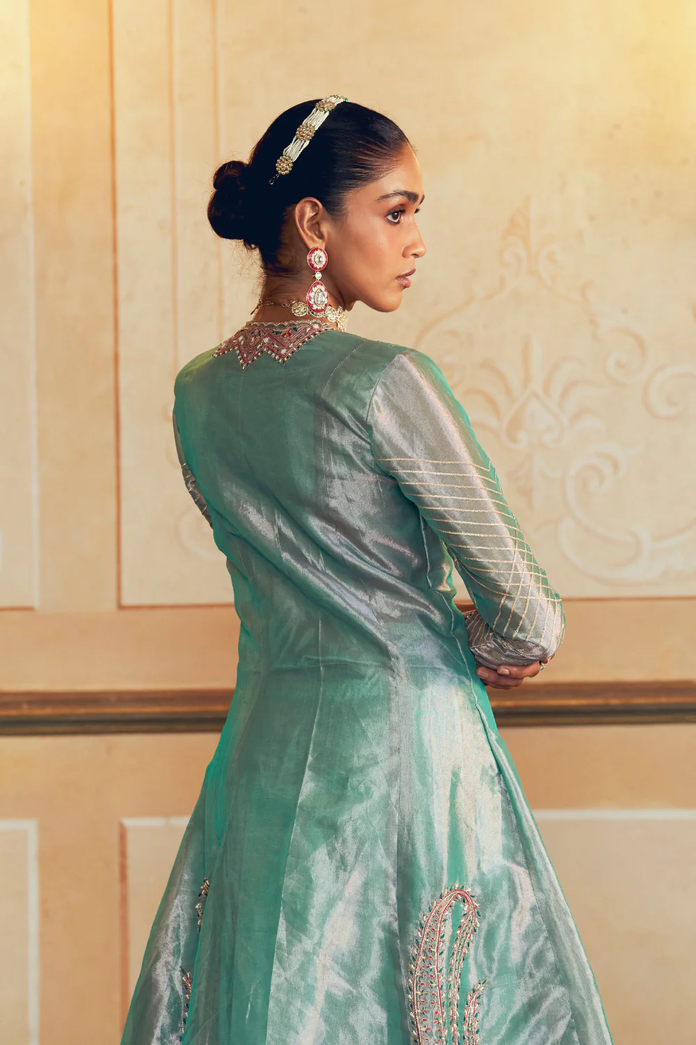 Firozi silk zari tissue jacket with skirt set - Image 4