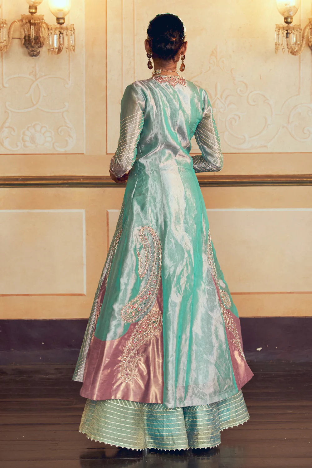 Firozi silk zari tissue jacket with skirt set - Image 5