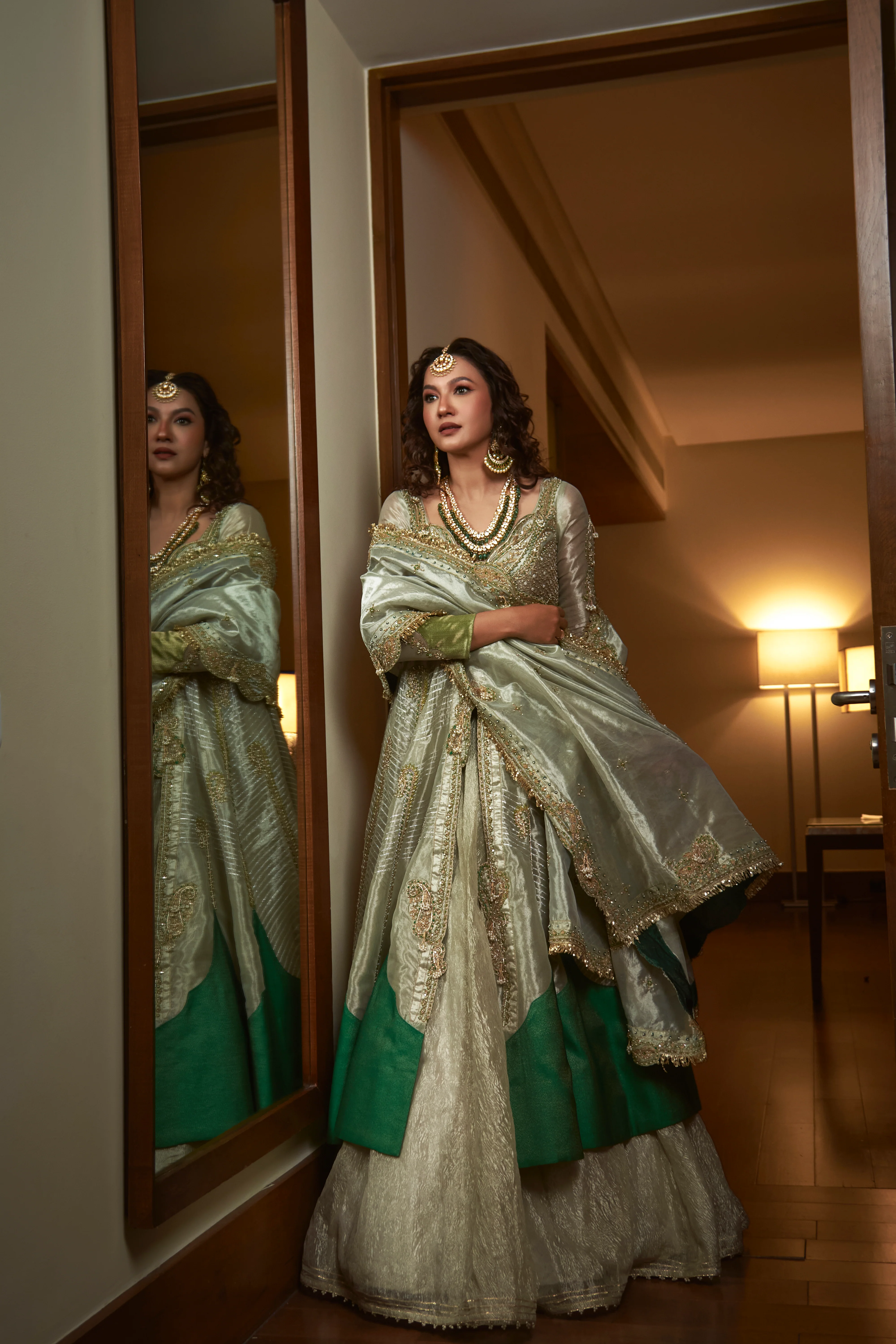 Gauhar Khan in our Pearl gold silk zari tissue jacket with skirt set - Image 6