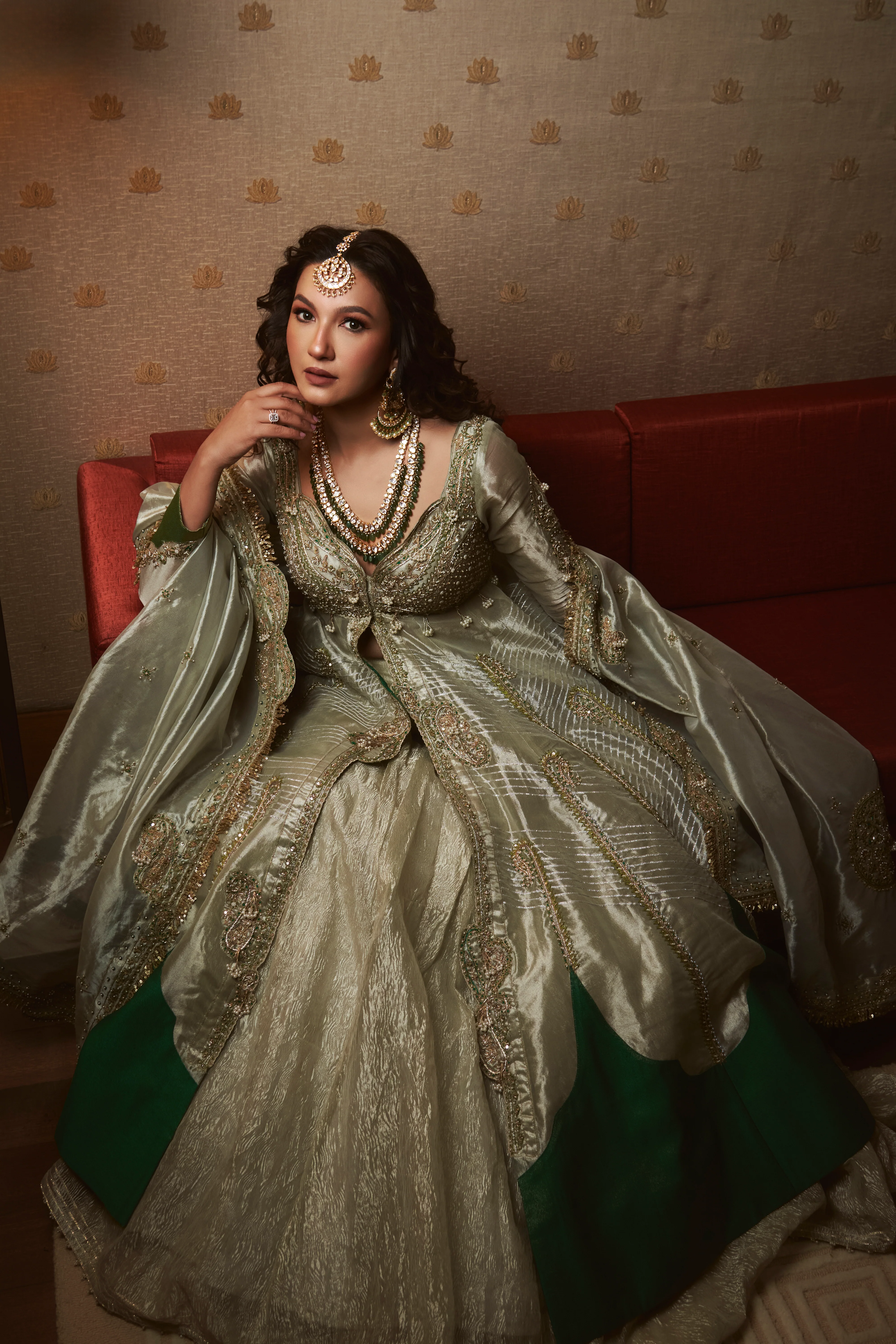 Gauhar Khan in our Pearl gold silk zari tissue jacket with skirt set - Image 7