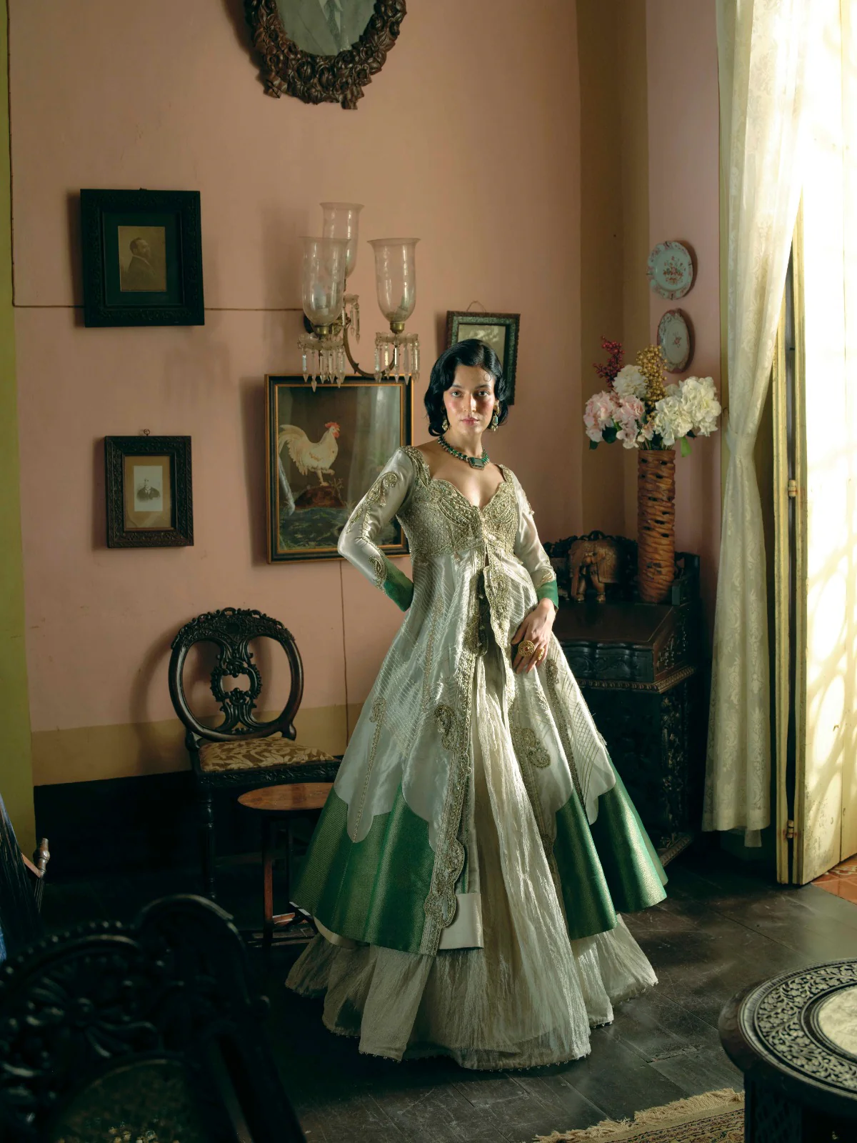 Gauhar Khan in our Pearl gold silk zari tissue jacket with skirt set - Image 8