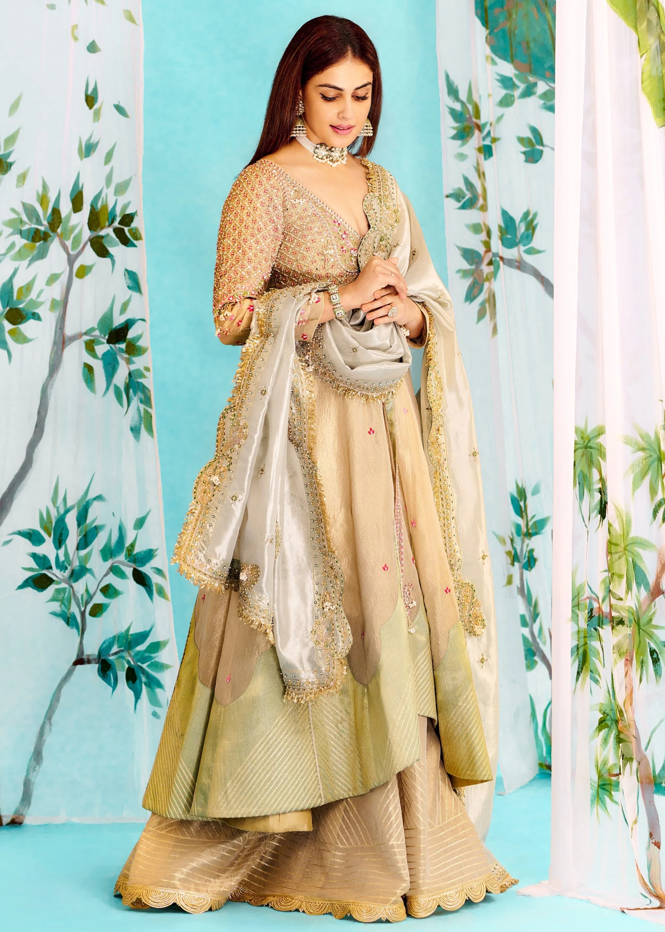 Genelia Deshmukh in our Pearl ivory silk Zari tissue jacket with sharara and Dupatta - Image 3