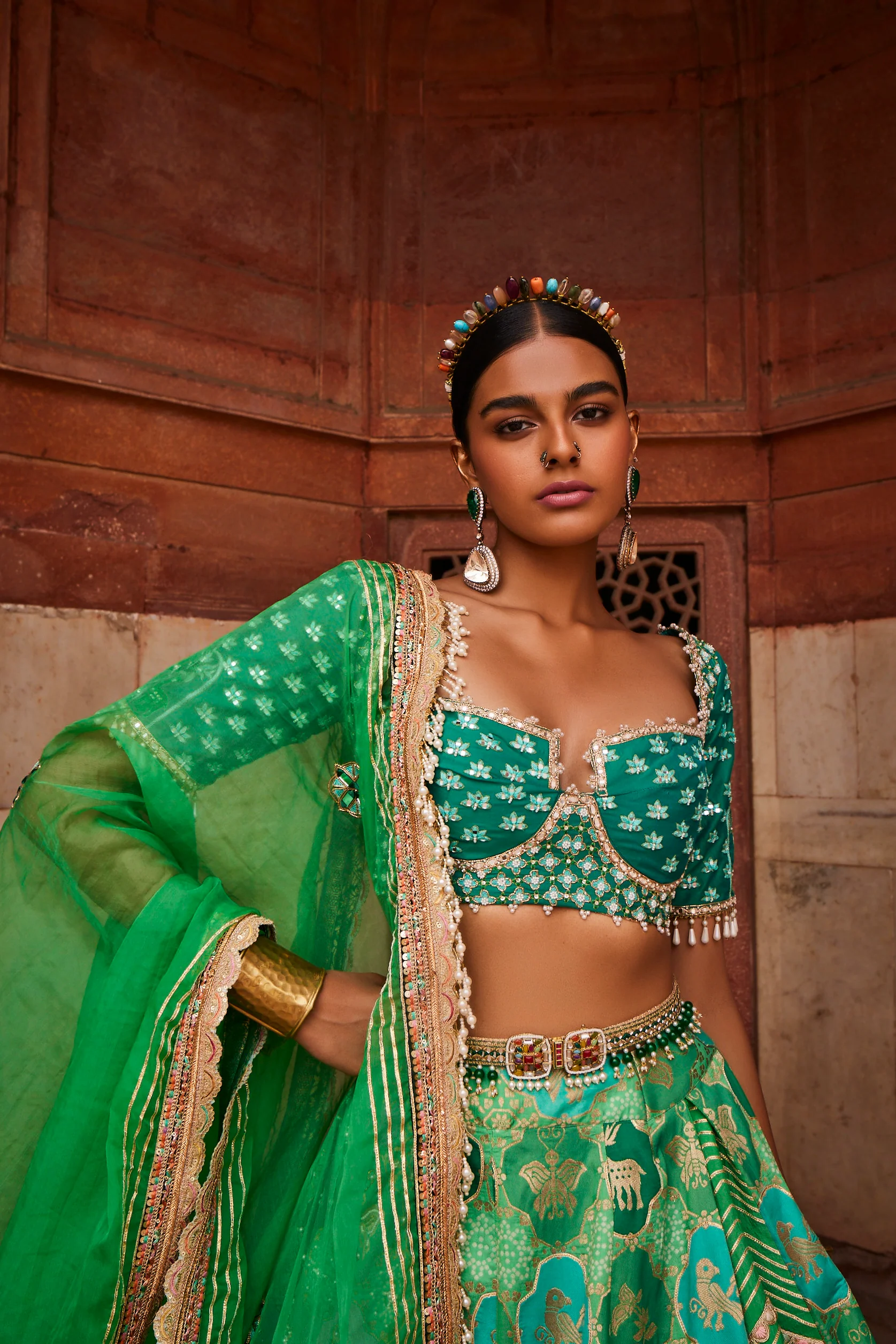 Green Banarsi Woven Lehenga - Image 3