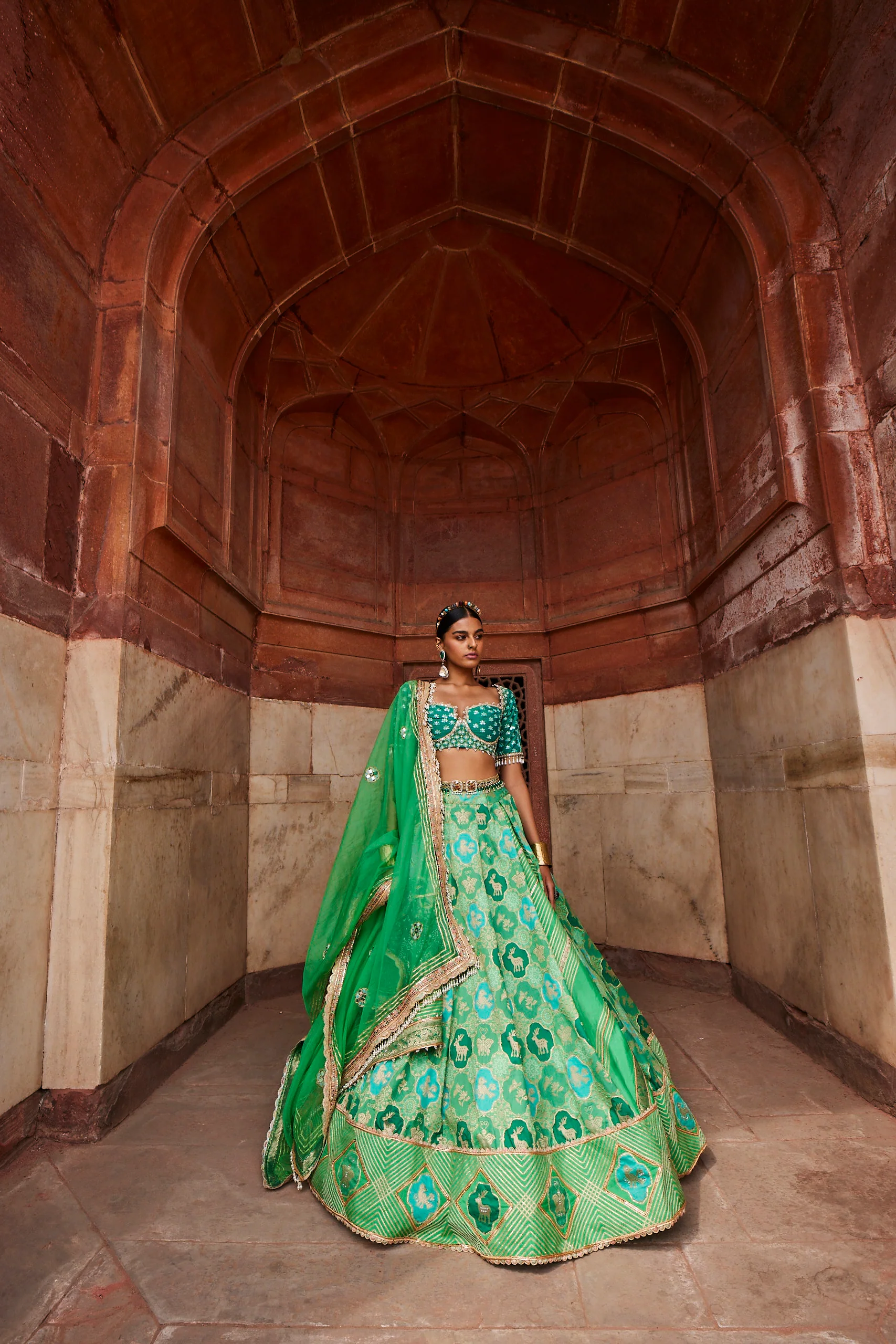 Green Banarsi Woven Lehenga - Image 4