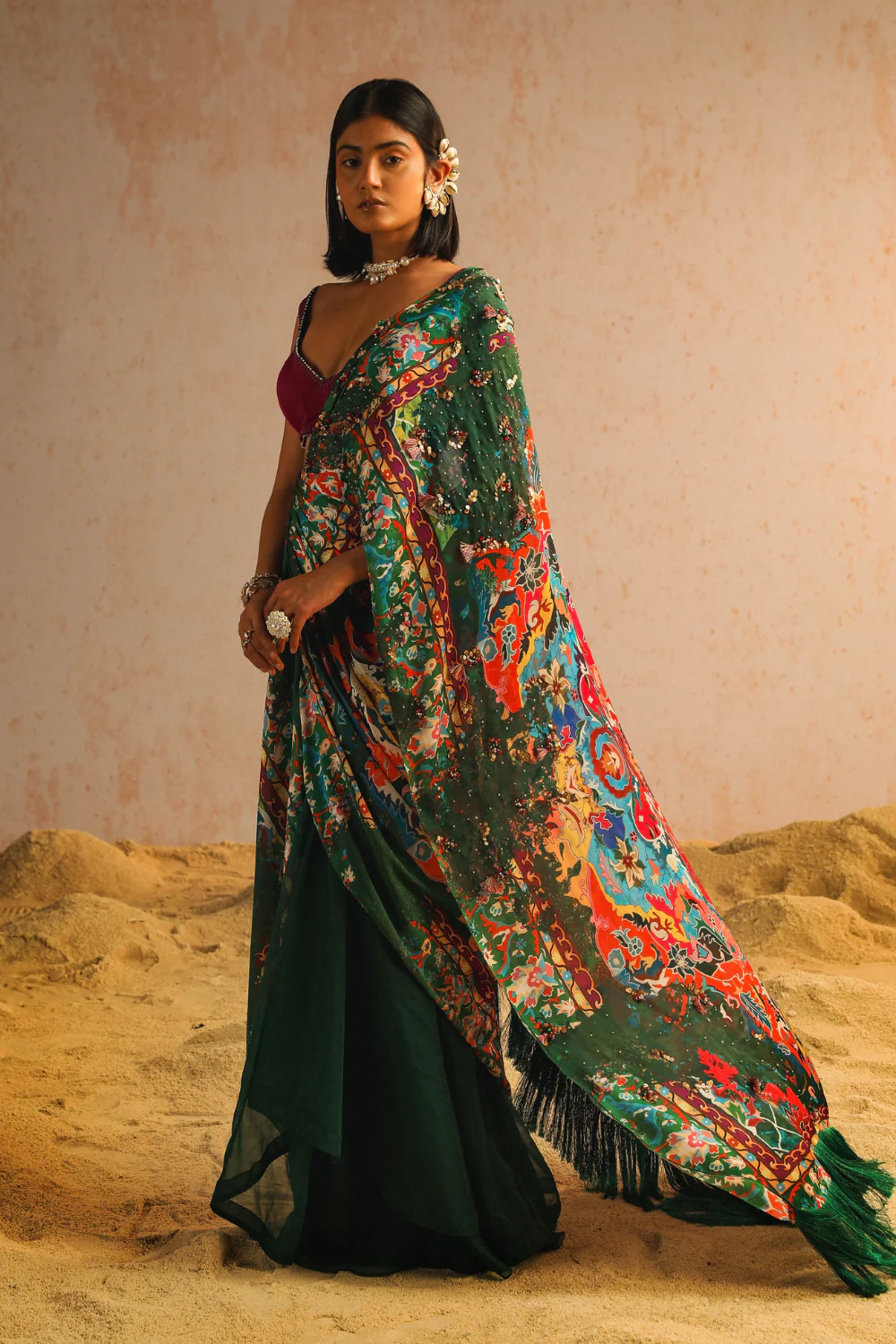 Green draped saree with purple blouse - Image 3