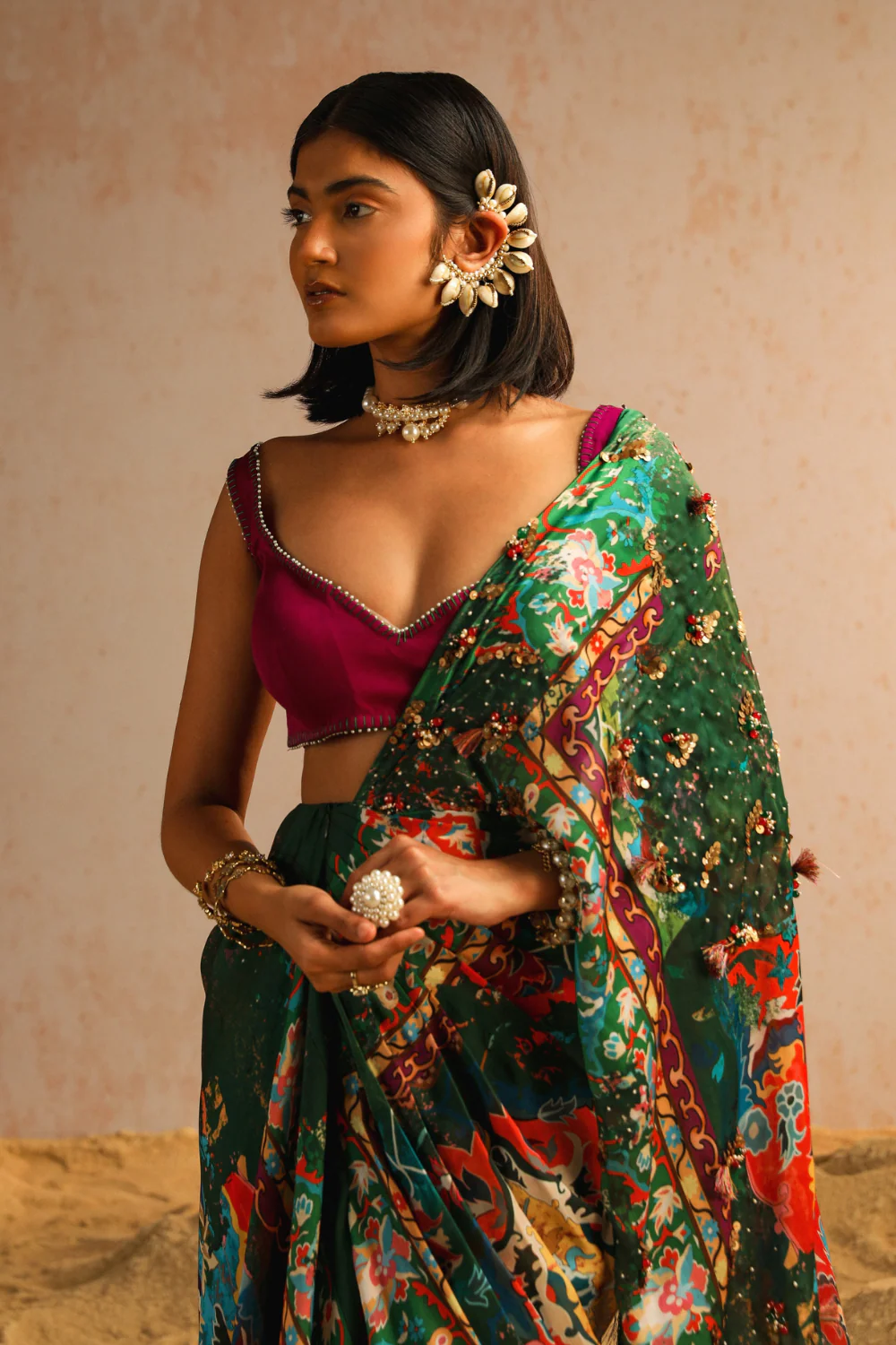 Green draped saree with purple blouse - Image 4
