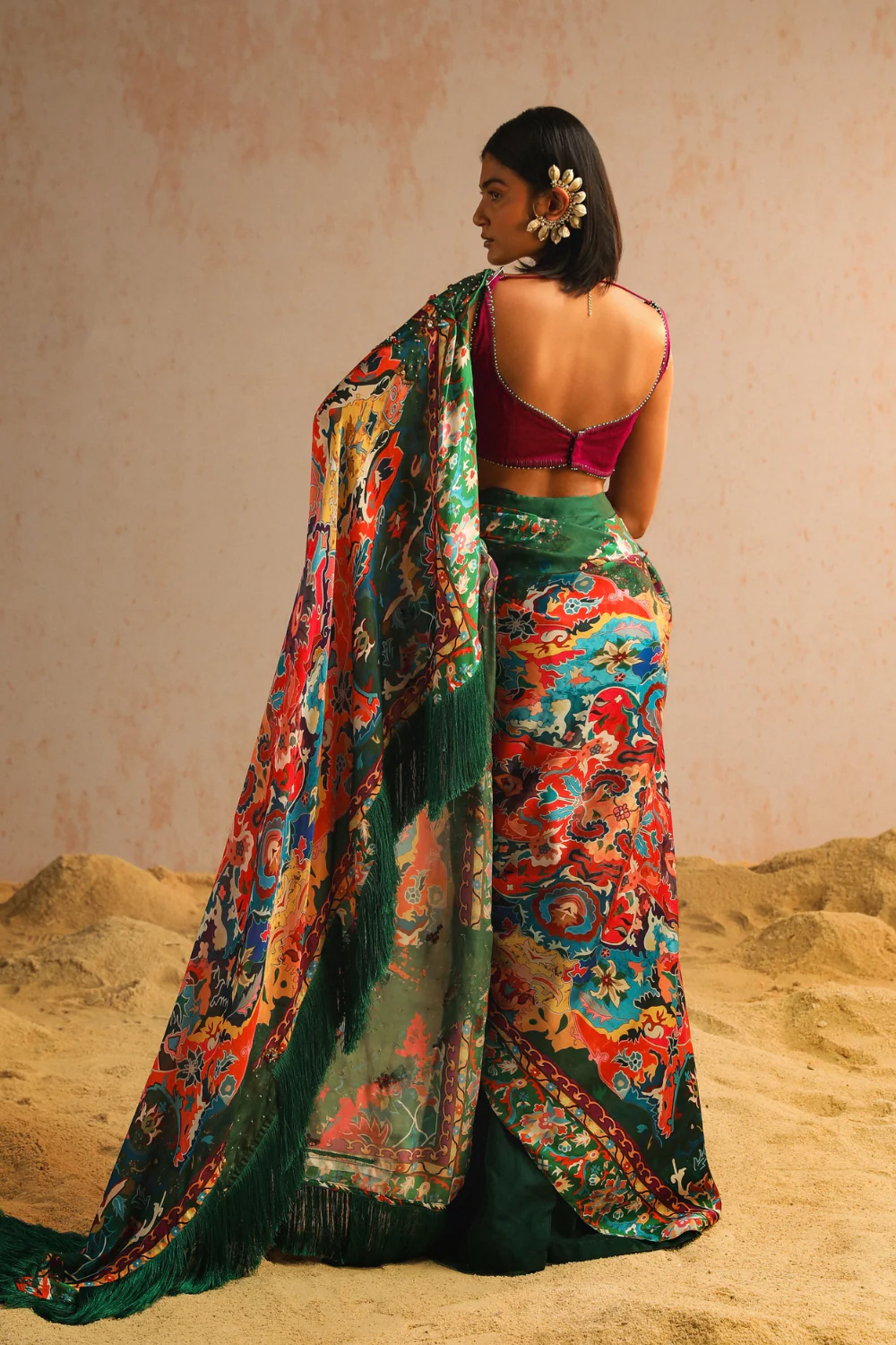 Green draped saree with purple blouse - Image 5