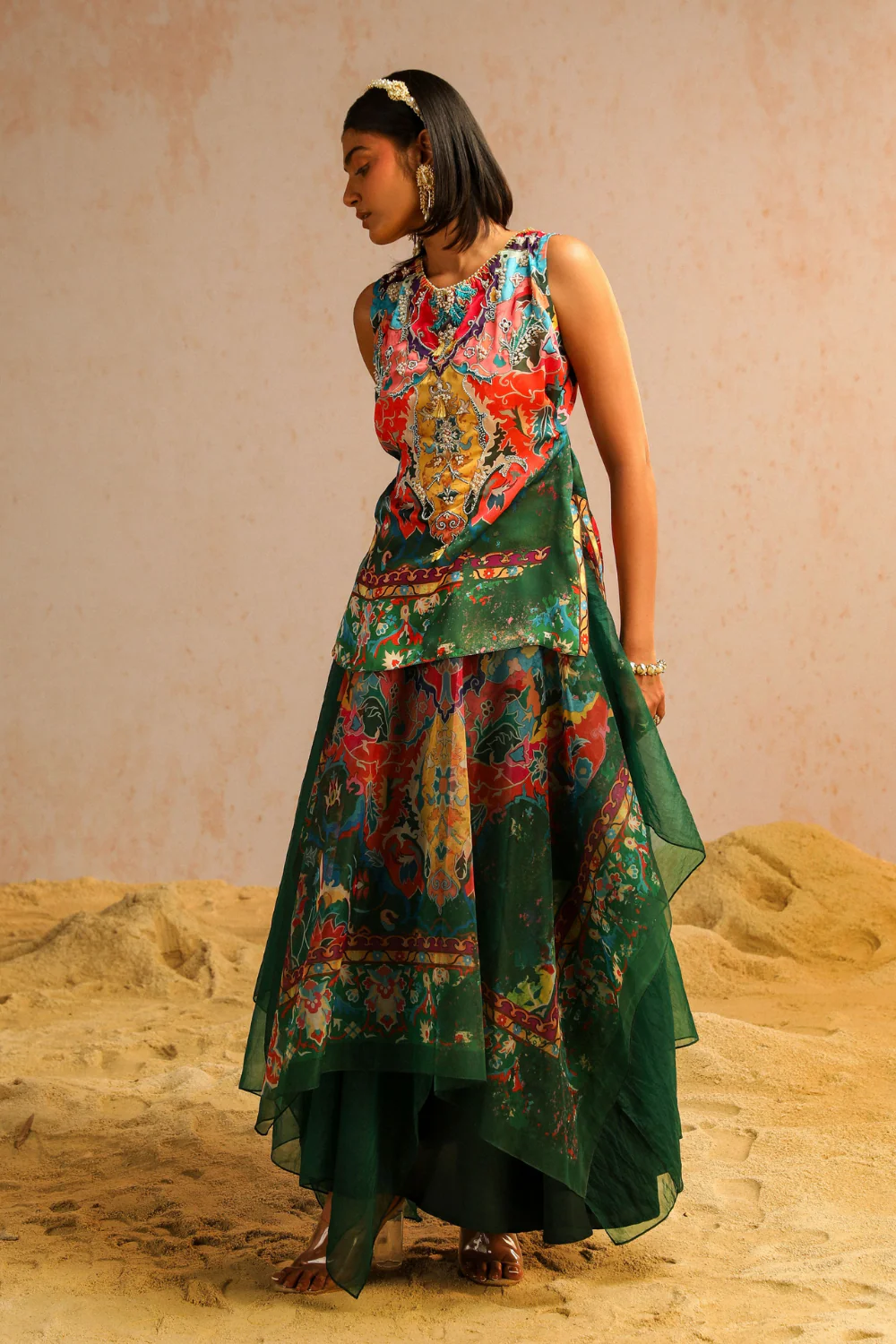 Green layered skirt with short kurti - Image 3