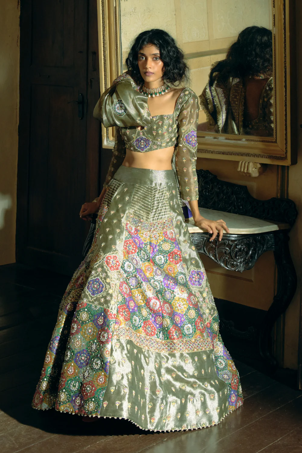 Grey silk zari tissue lehnga set - Image 3