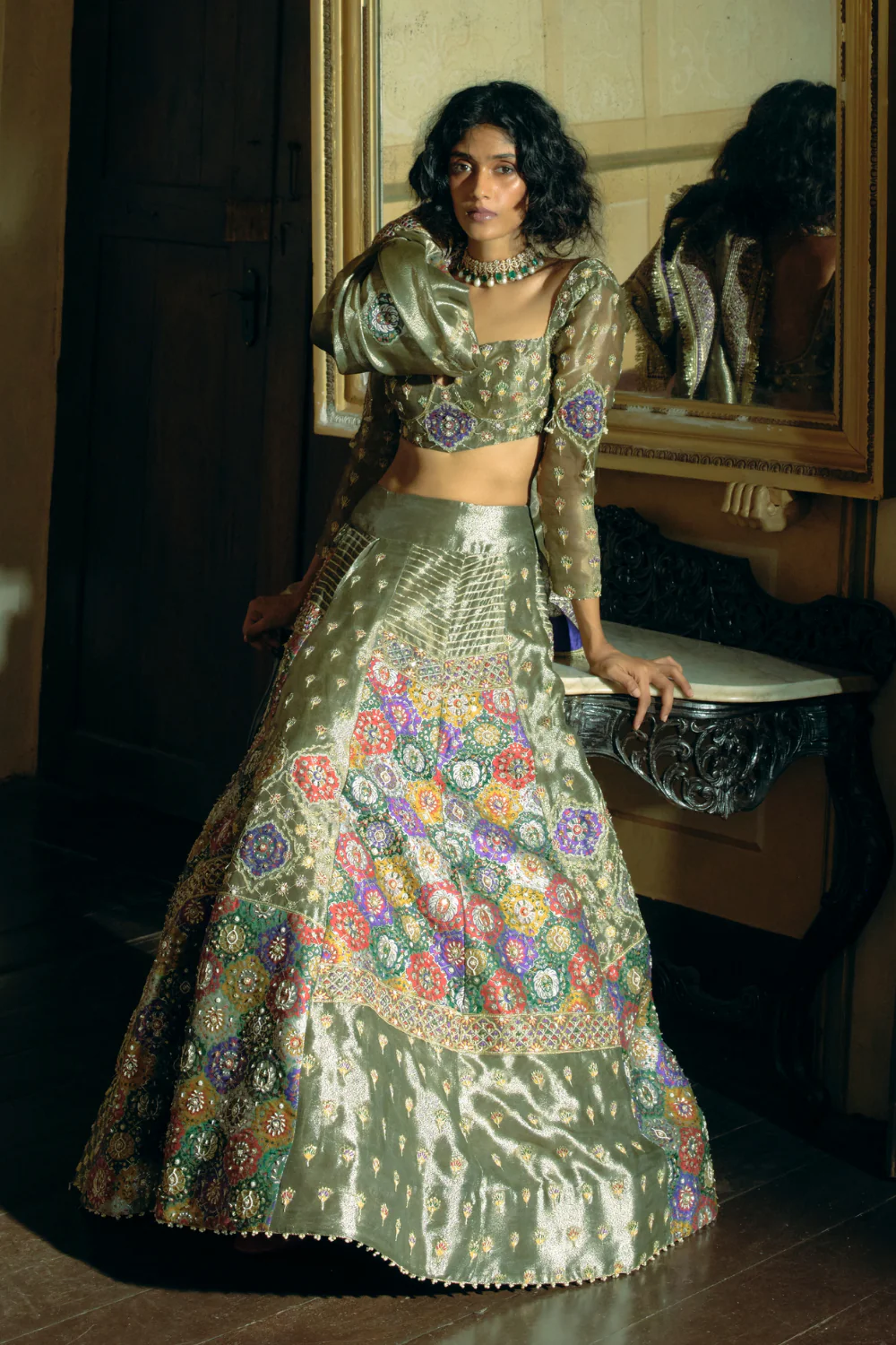 Grey silk zari tissue lehnga set - Image 4