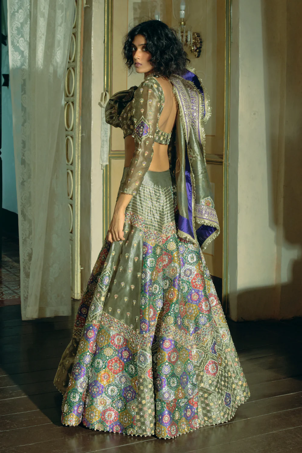 Grey silk zari tissue lehnga set - Image 5