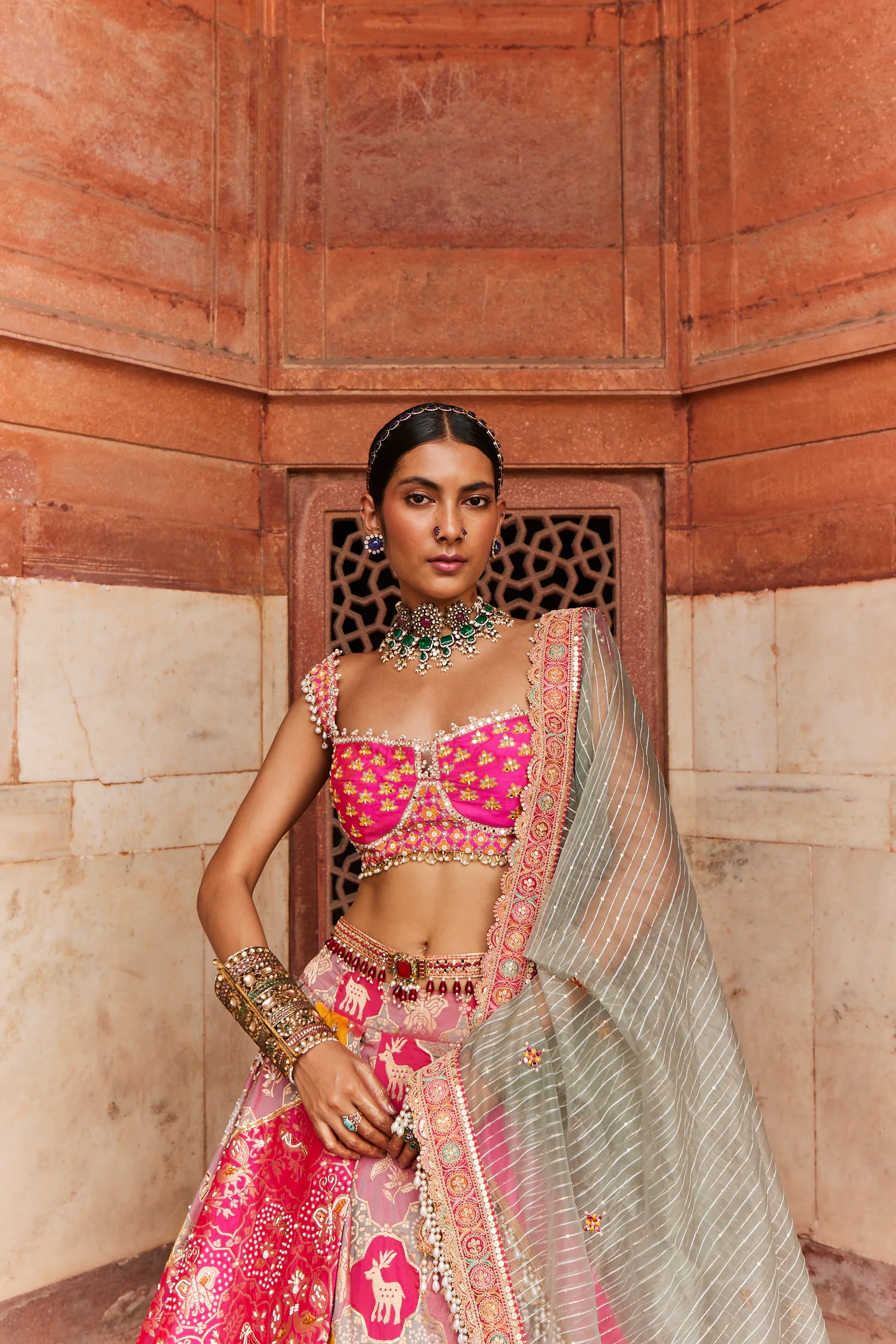 Hot Pink Banarsi Woven Lehenga - Image 3