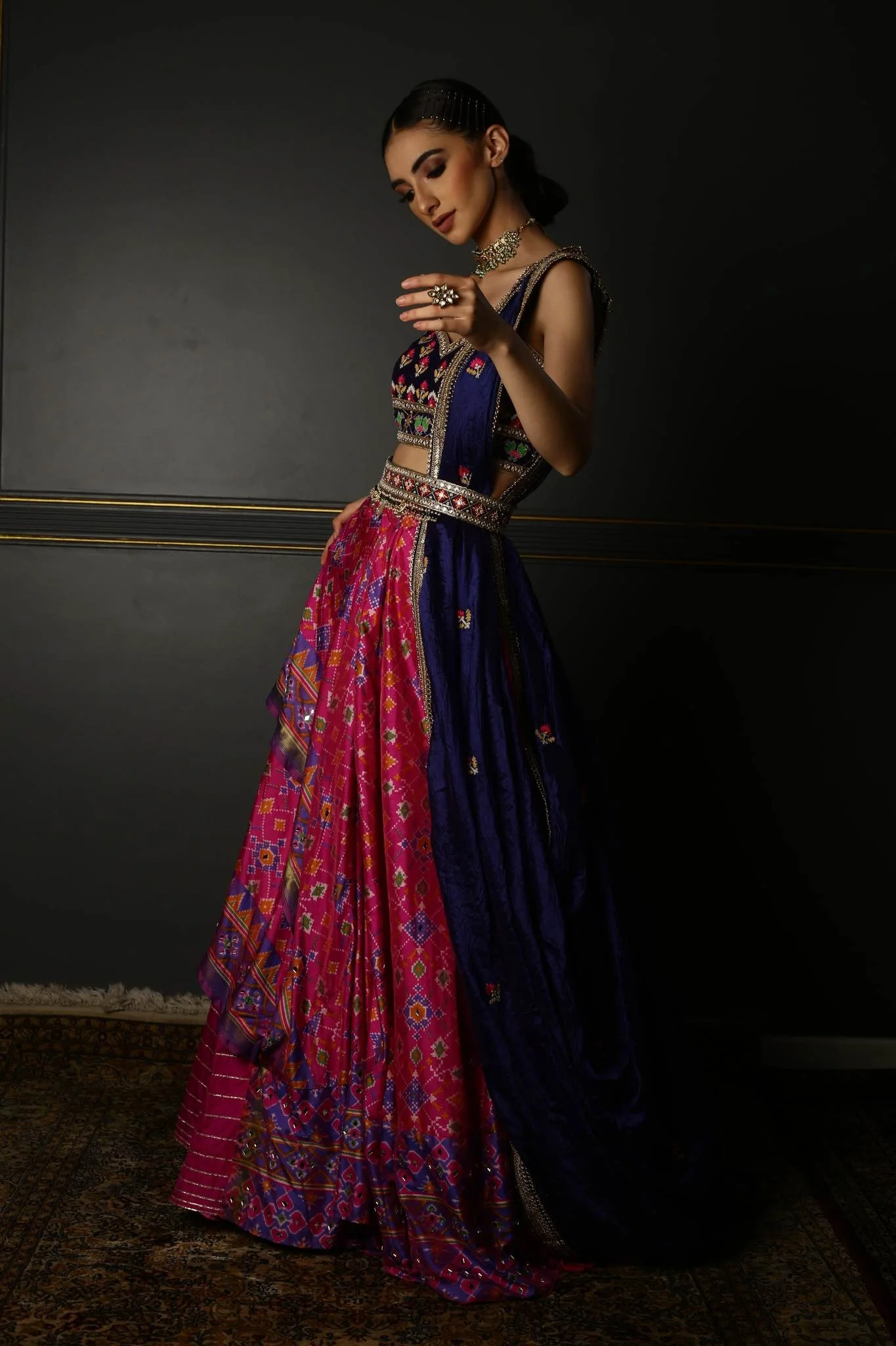 Hot Pink Printed Patola Layered Lehenga - Image 3