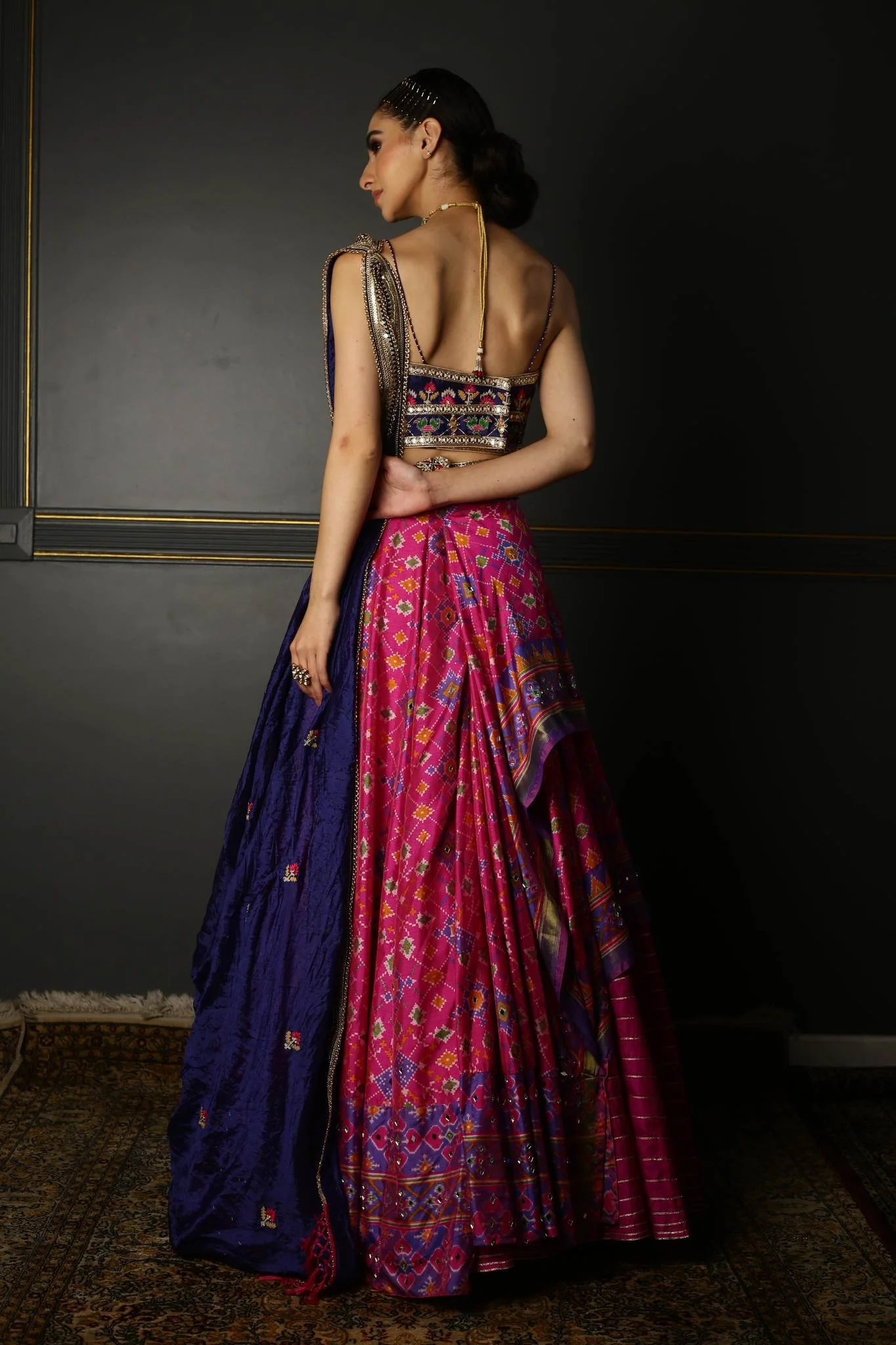 Hot Pink Printed Patola Layered Lehenga - Image 4