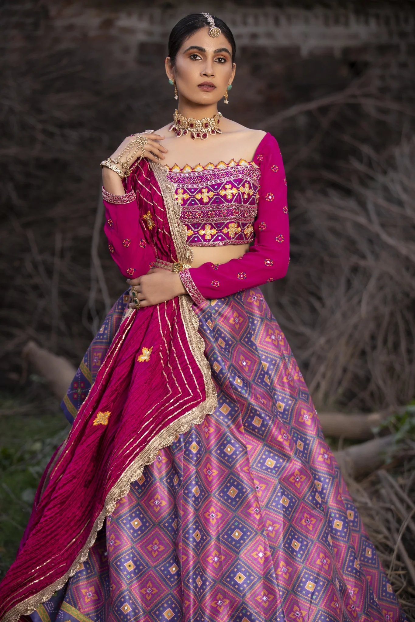 Hot Pink Printed Patola Silk Lehenga - Image 3