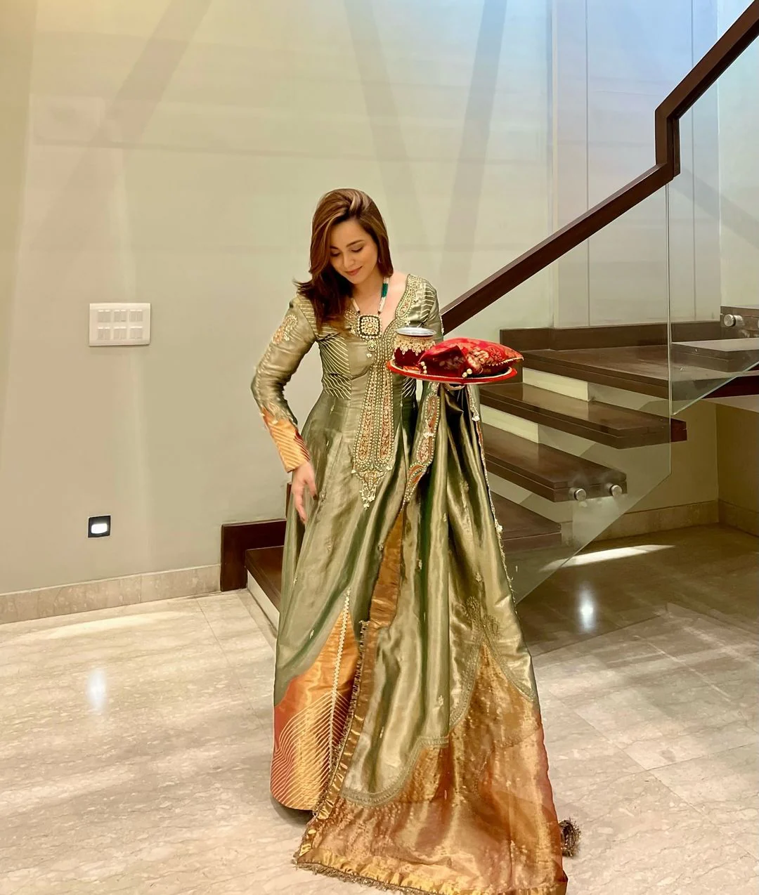 Kompal Matta Kapoor in our Emerald Green tissue Anarkali with dupatta - Image 3