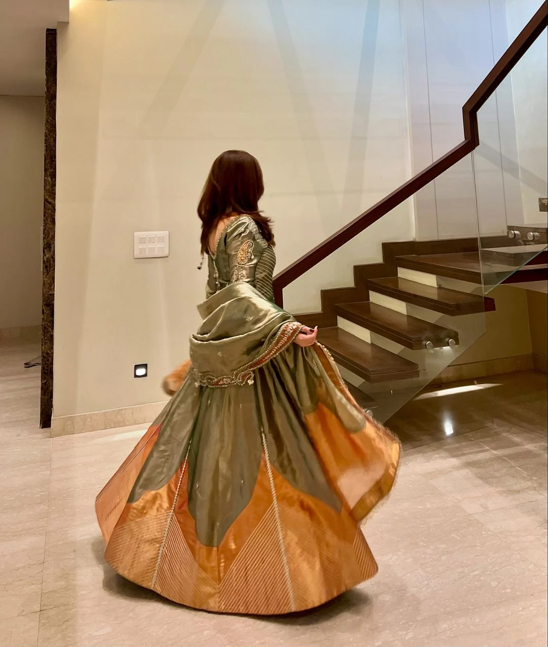 Kompal Matta Kapoor in our Emerald Green tissue Anarkali with dupatta - Image 4