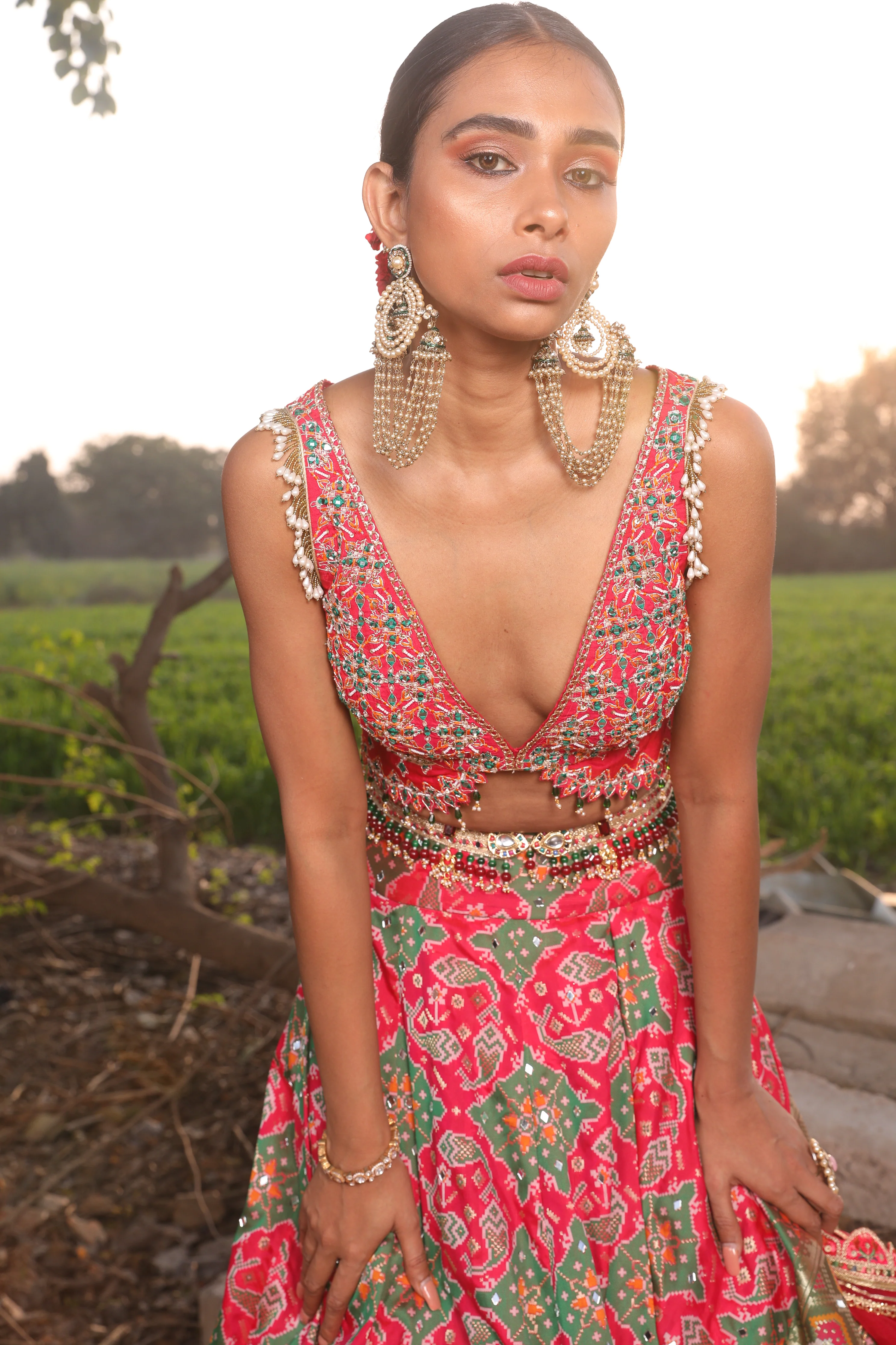 Light Coral Ikat Silk Lehenga - Image 3