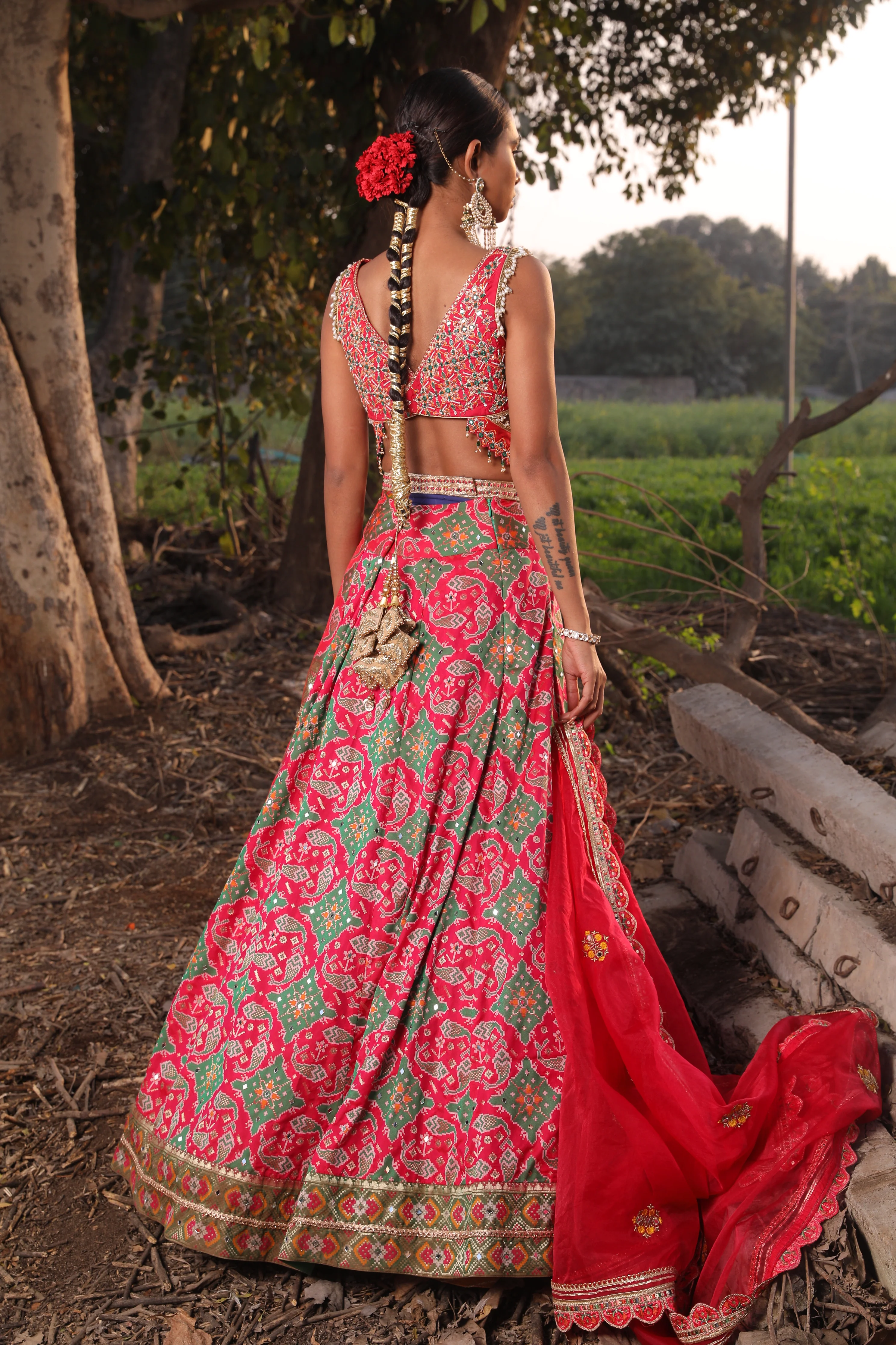 Light Coral Ikat Silk Lehenga - Image 4