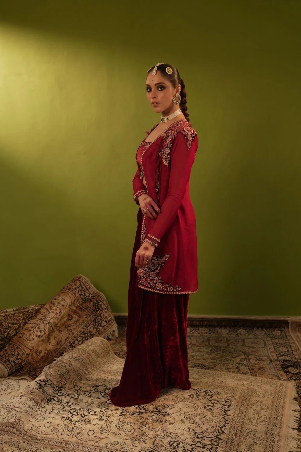 Long Wine Velvet Drape Skirt, Top And Jacket Set - Image 3