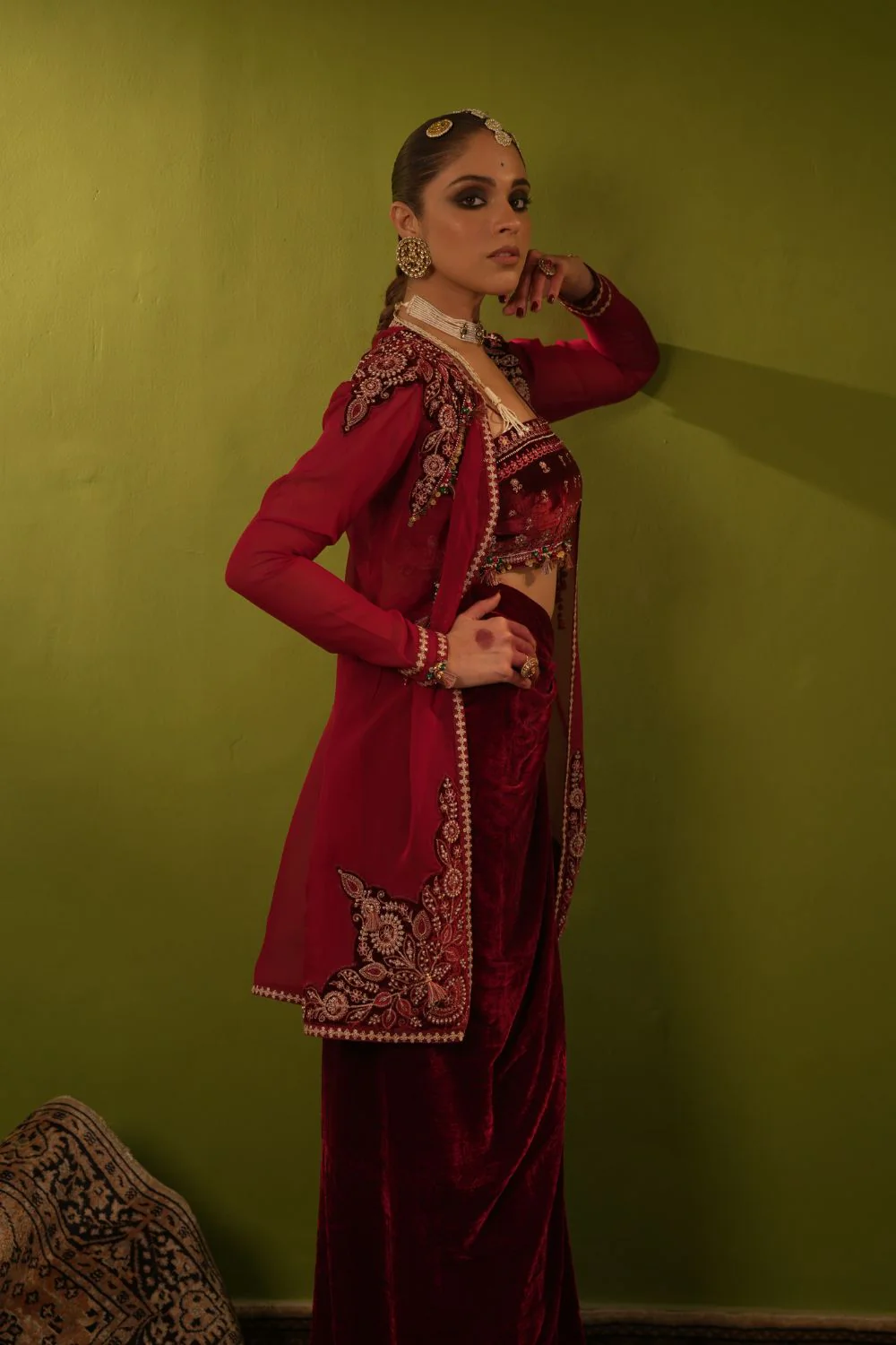 Long Wine Velvet Drape Skirt, Top And Jacket Set - Image 4