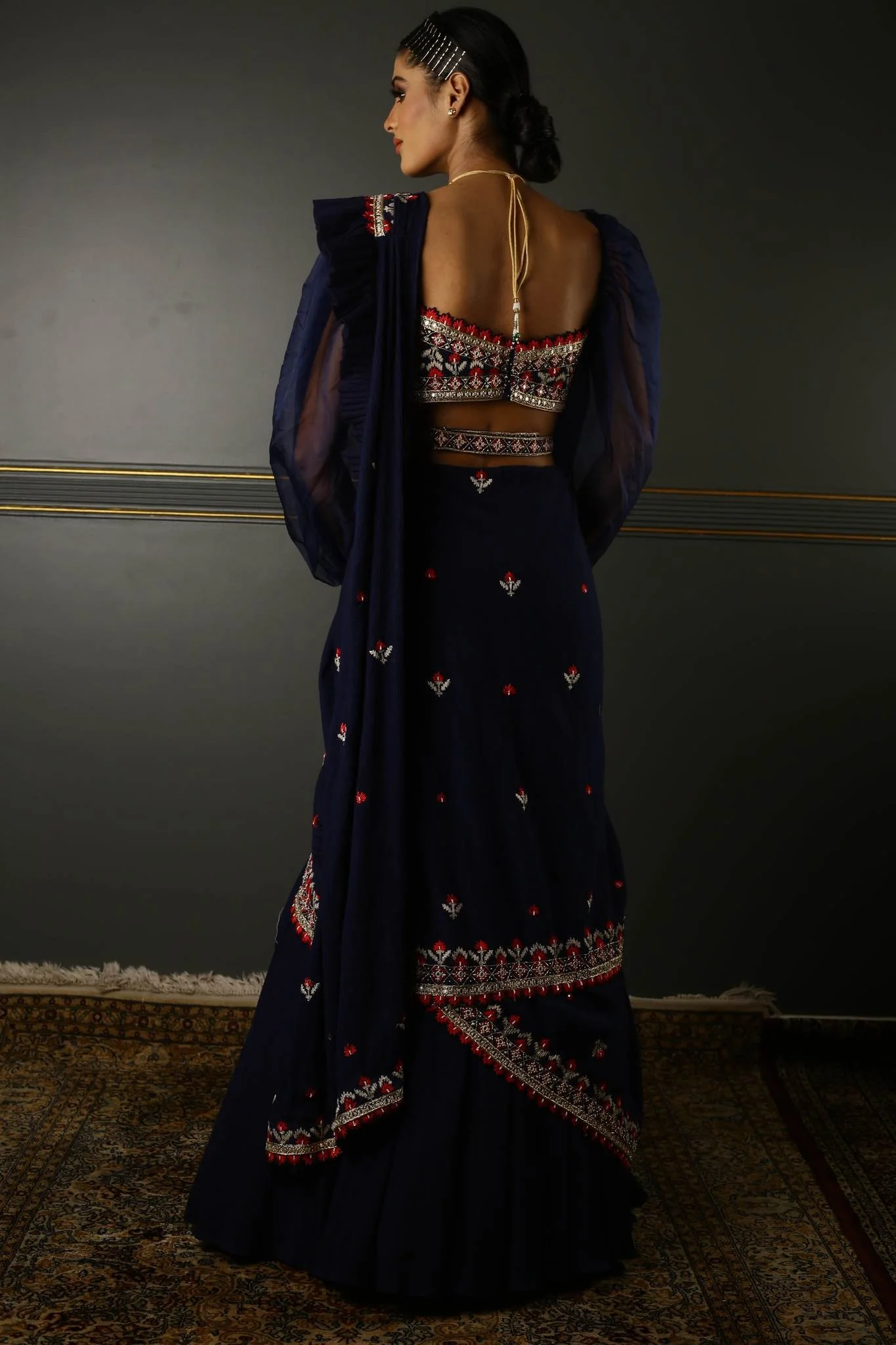 Midnight Blue Georgette DRaped Saree - Image 4