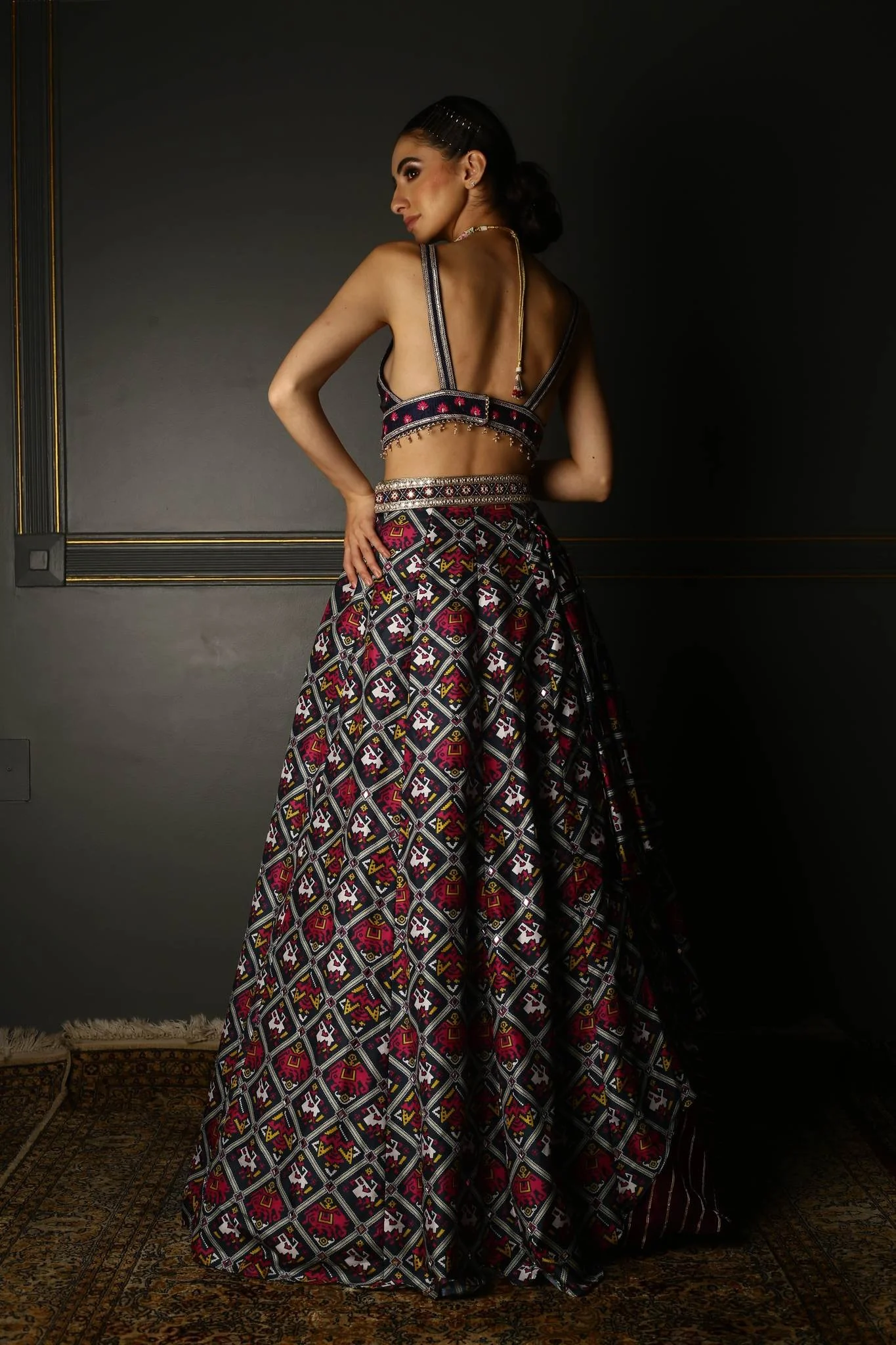 Midnight Blue Printed Patola Silk Lehenga - Image 3