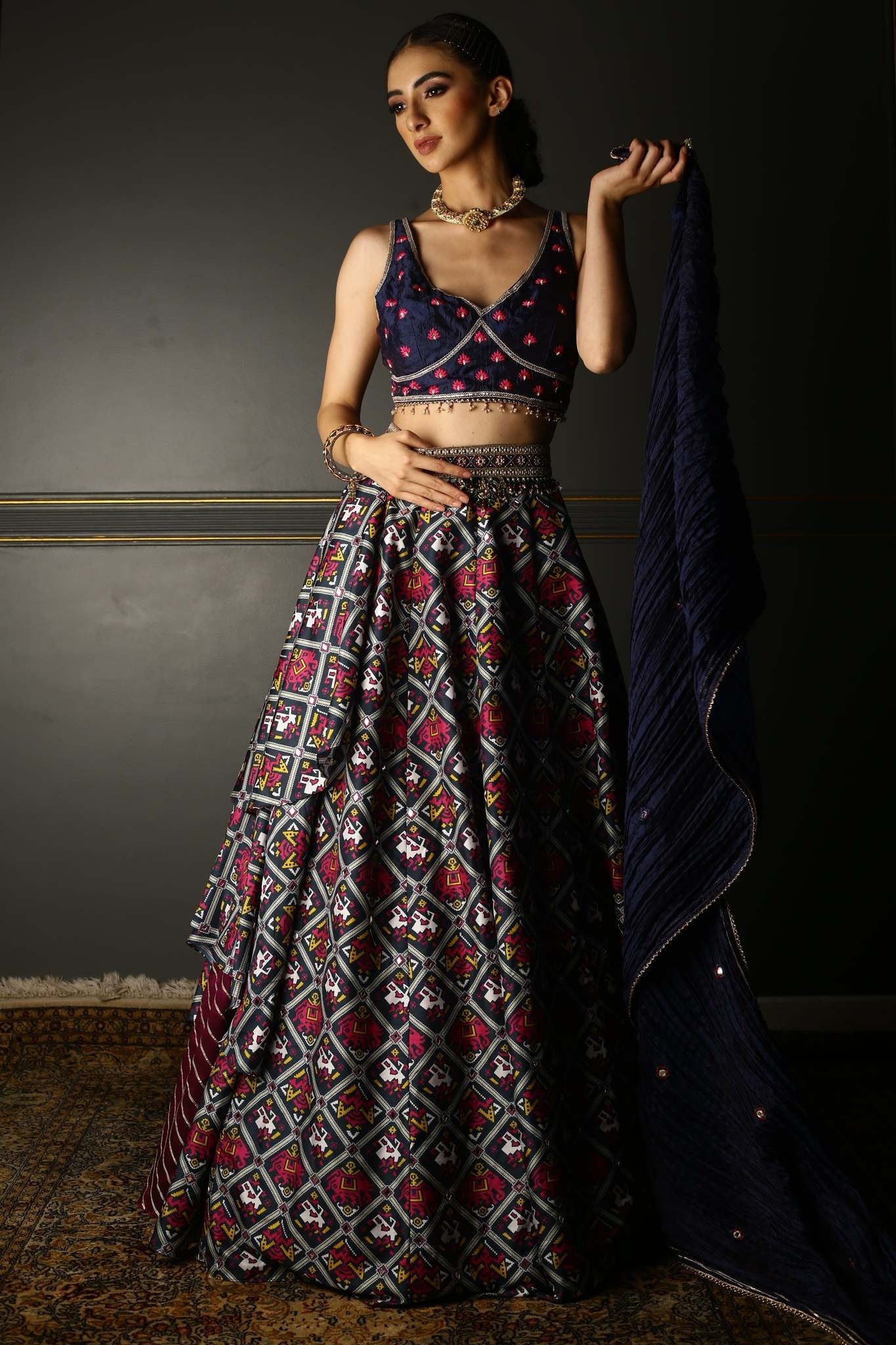 Midnight Blue Printed Patola Silk Lehenga - Image 4