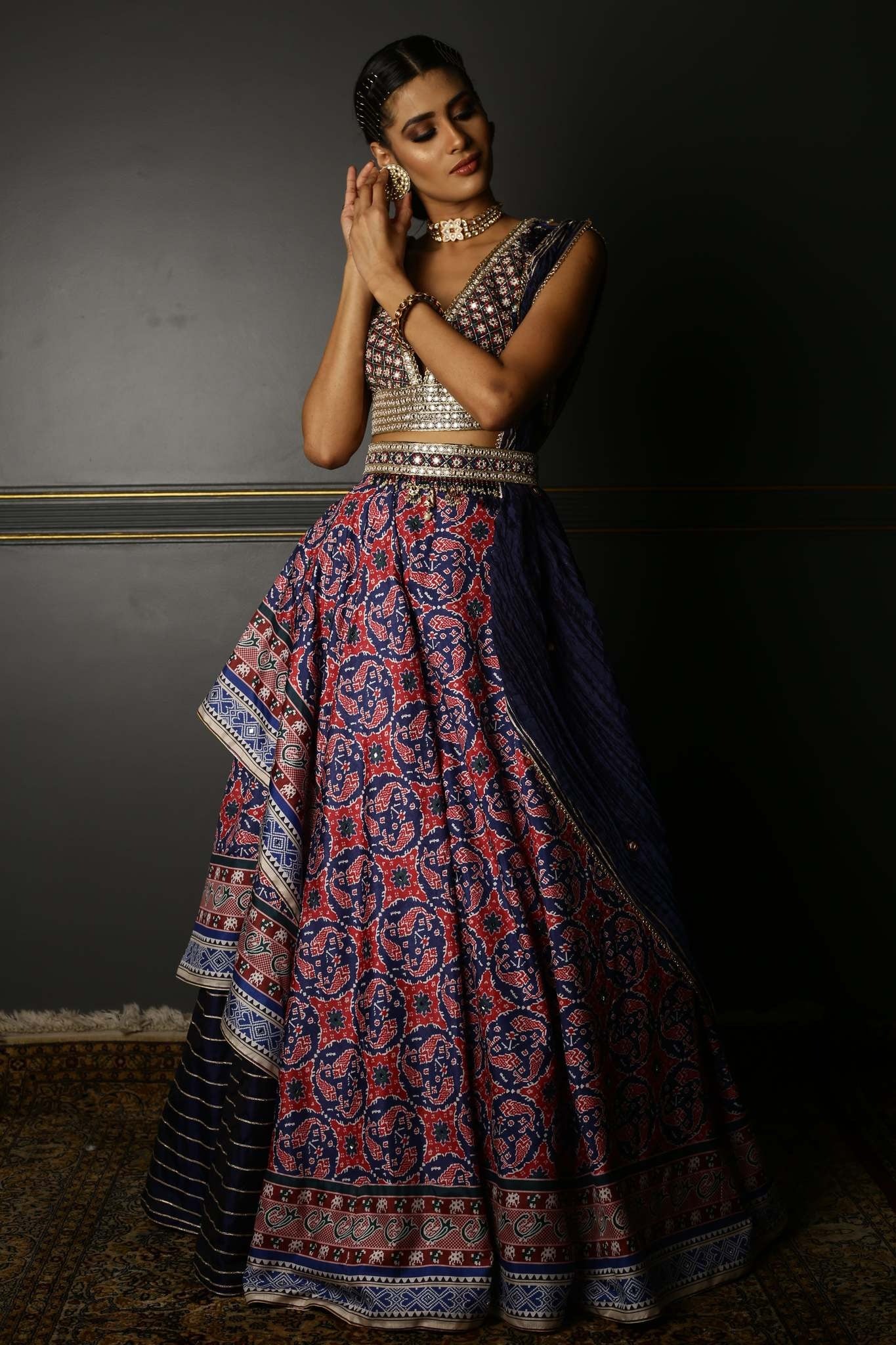 Midnight Blue Printed Patola Layered Lehenga - Image 3