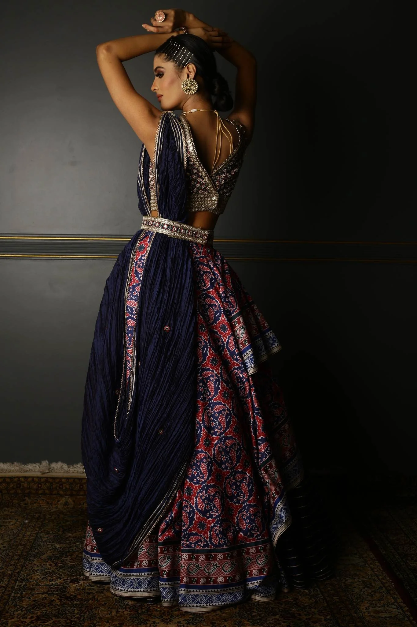 Midnight Blue Printed Patola Layered Lehenga - Image 4