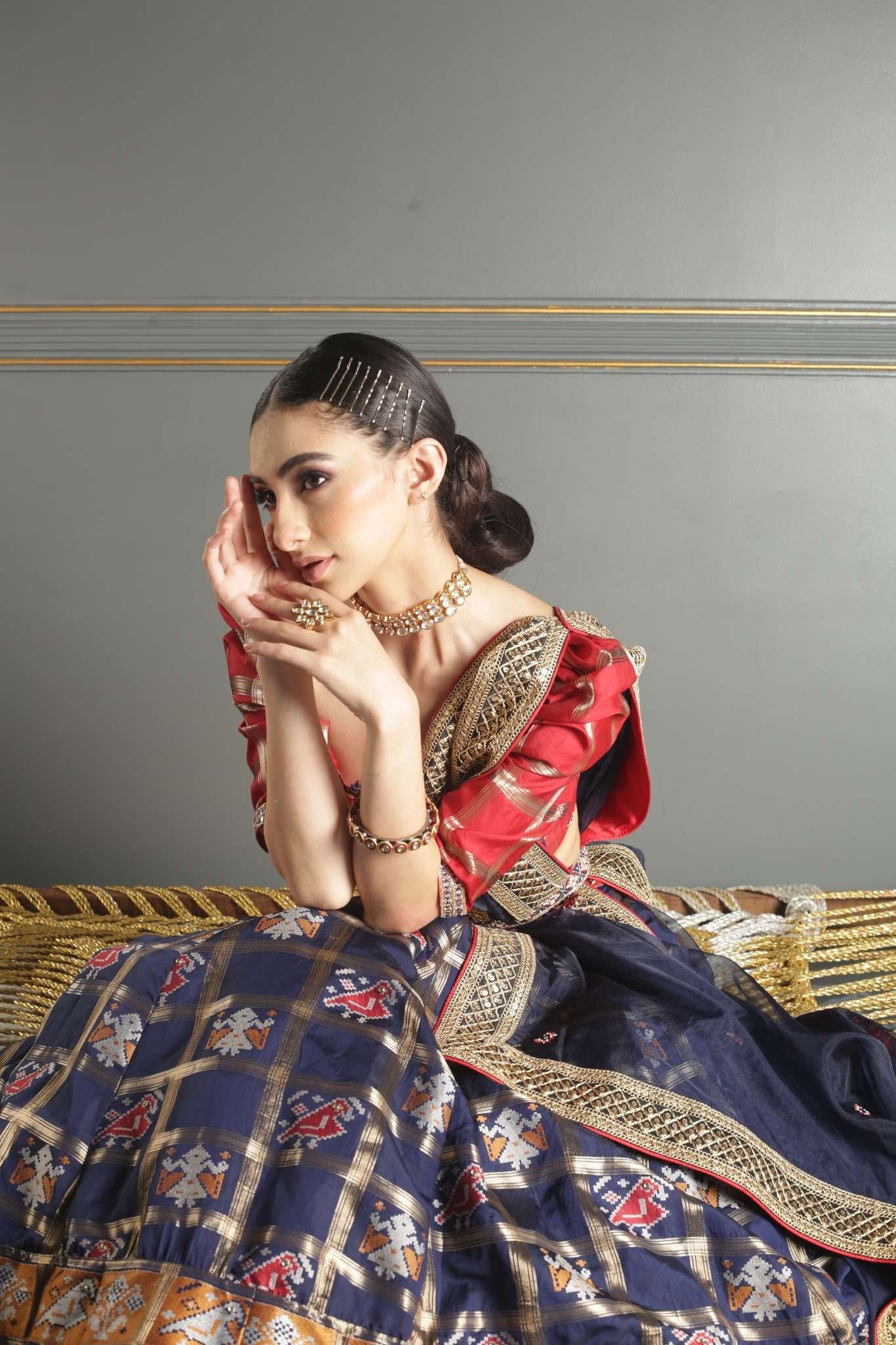 Midnight Blue Zardozi woven Patola Silk Lehenga - Image 4