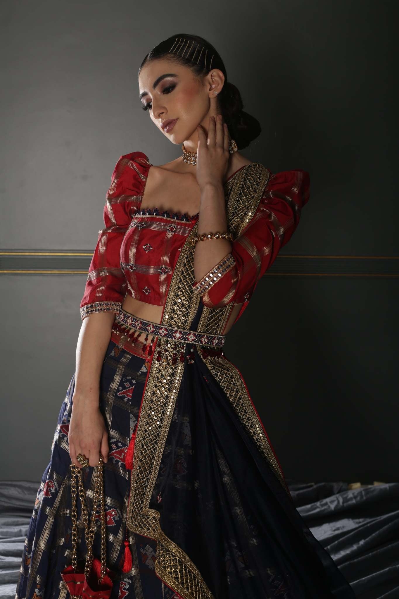 Midnight Blue Zardozi woven Patola Silk Lehenga - Image 7