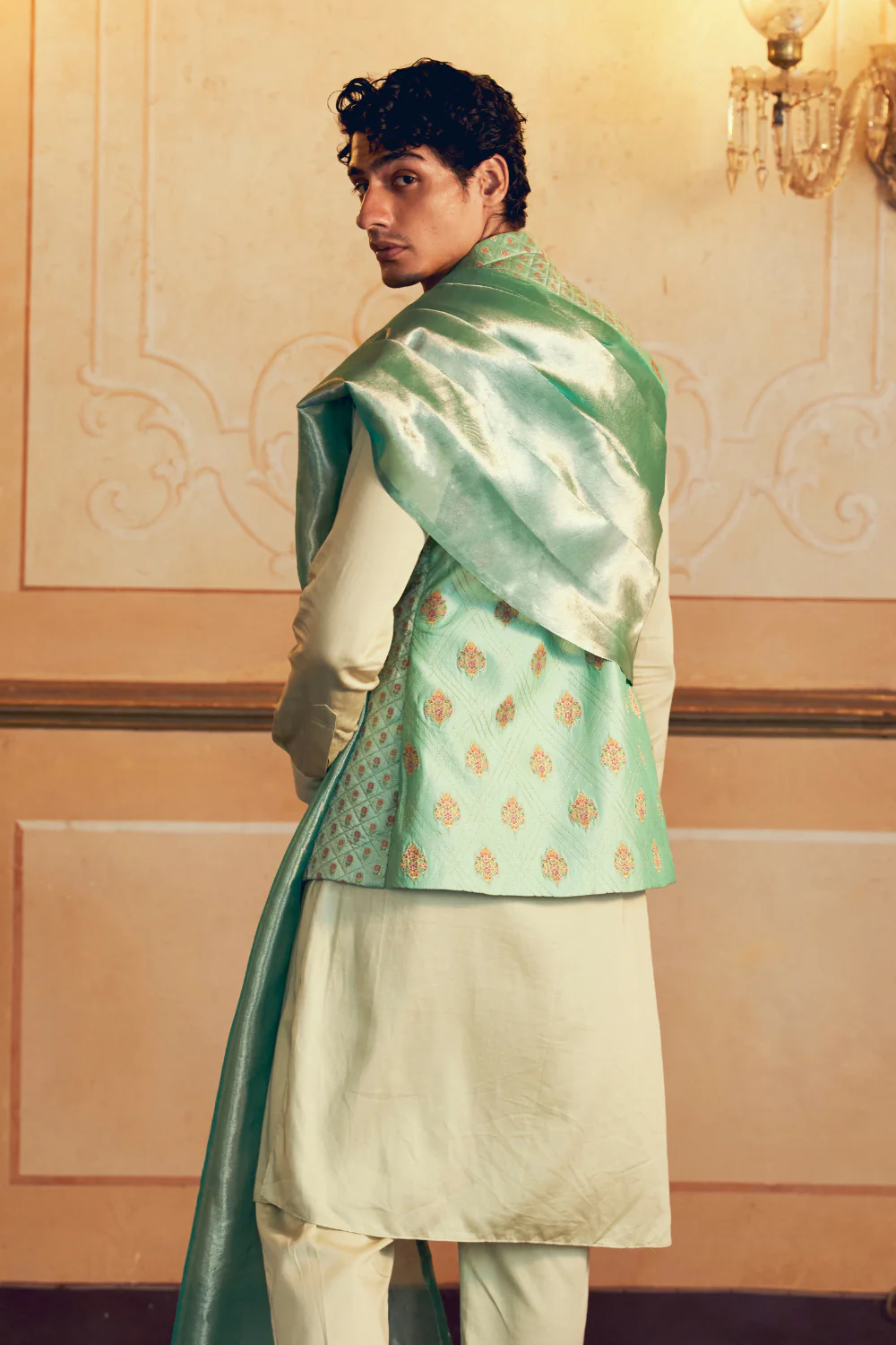 Mint Green Jacquard Banarasi men's jacket - Image 4