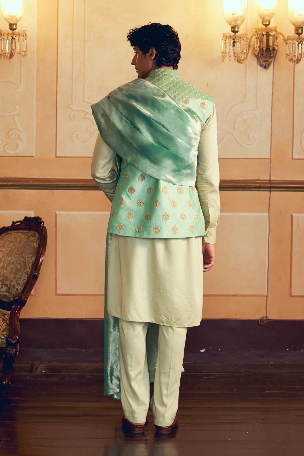 Mint Green Jacquard Banarasi men's jacket - Image 5