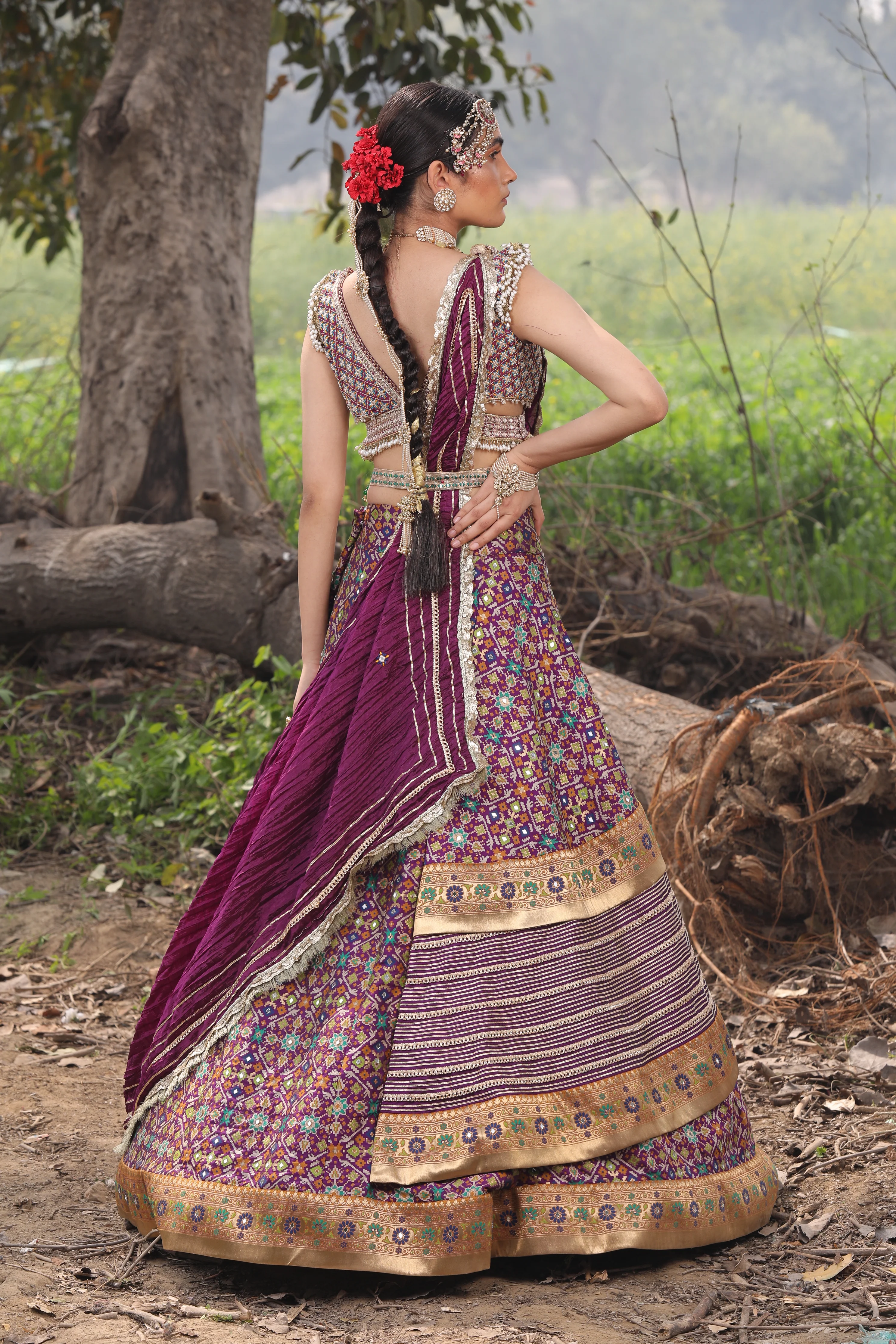 Mulberry Purple Ikat Silk Lehenga - Image 4