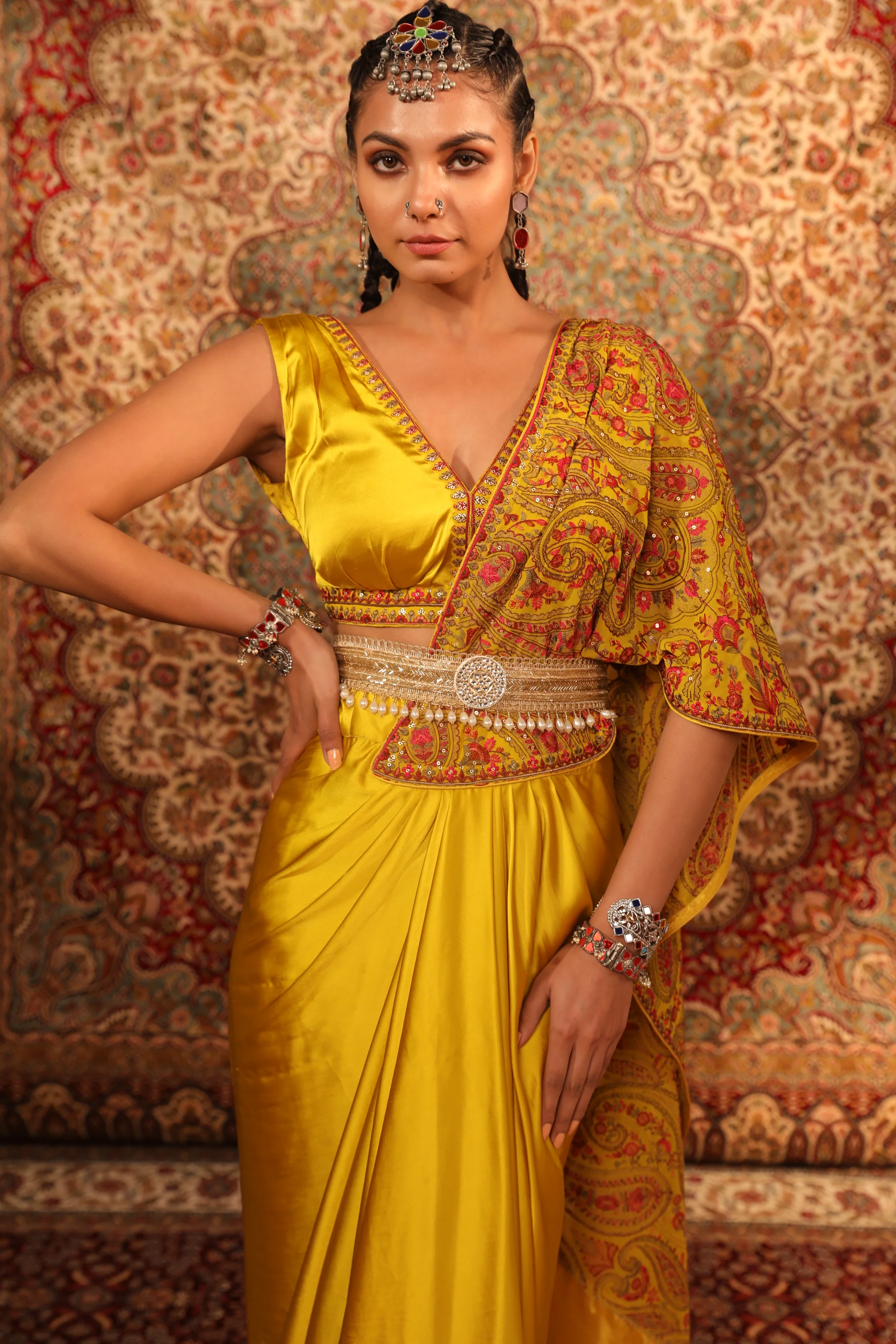 Mustard Kashida Draped Saree - Image 4