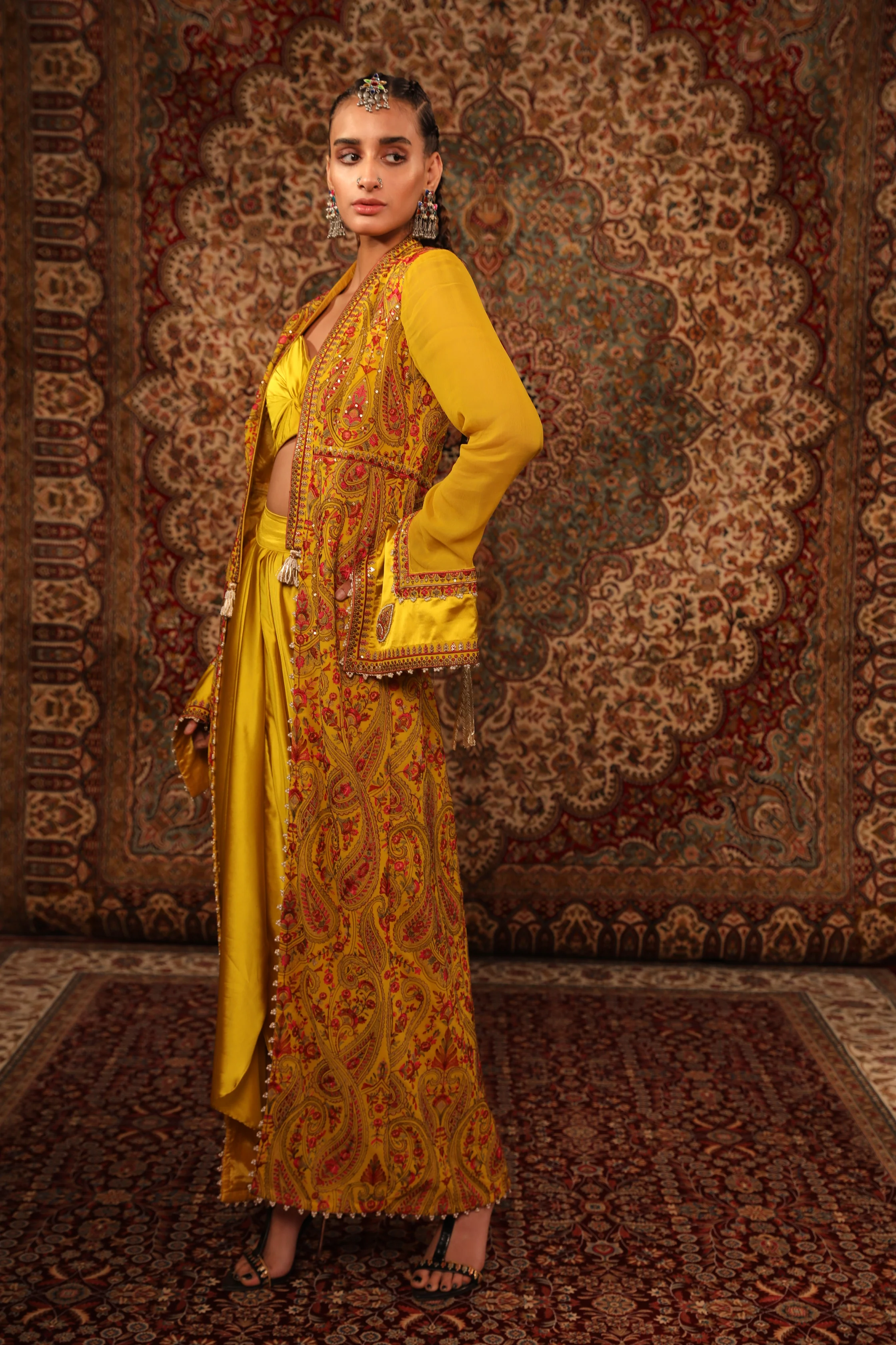 Mustard Kashida Draped Saree - Image 5