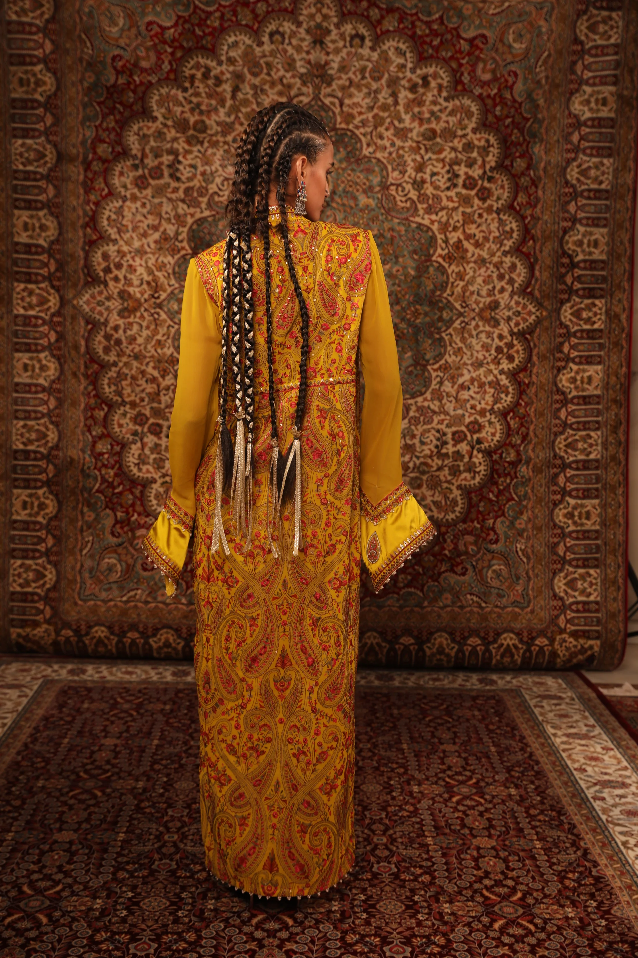 Mustard Kashida Draped Saree - Image 6