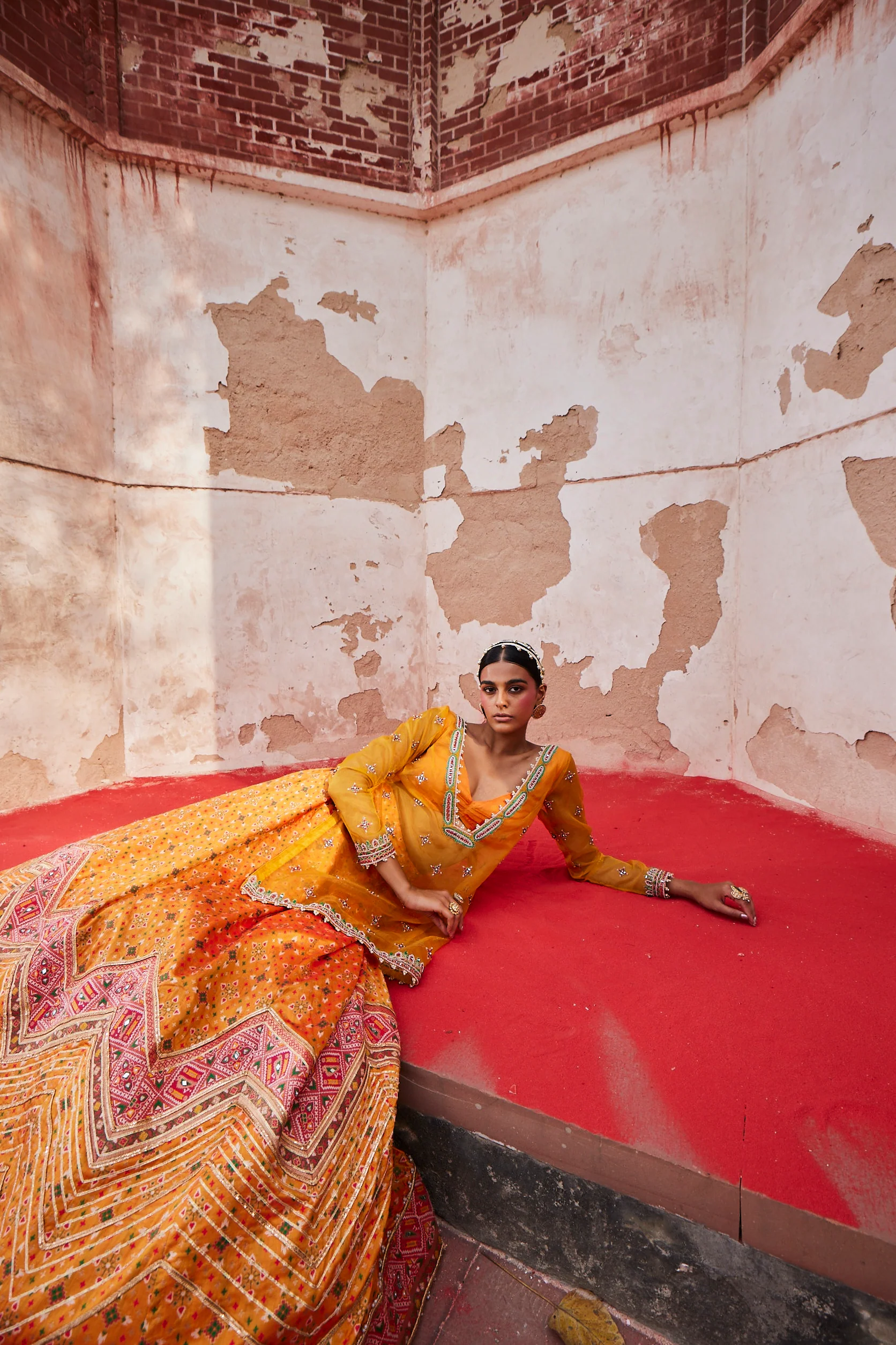 Mustard Patola Chevron Lehenga with Kurta - Image 3