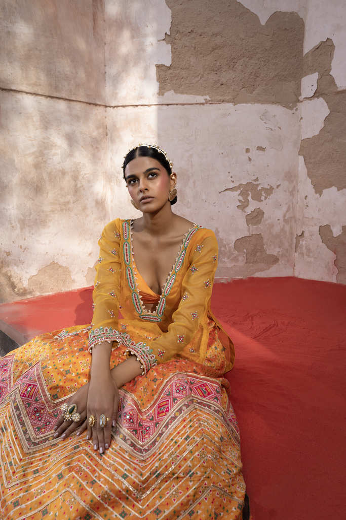 Mustard Patola Chevron Lehenga with Kurta - Image 4