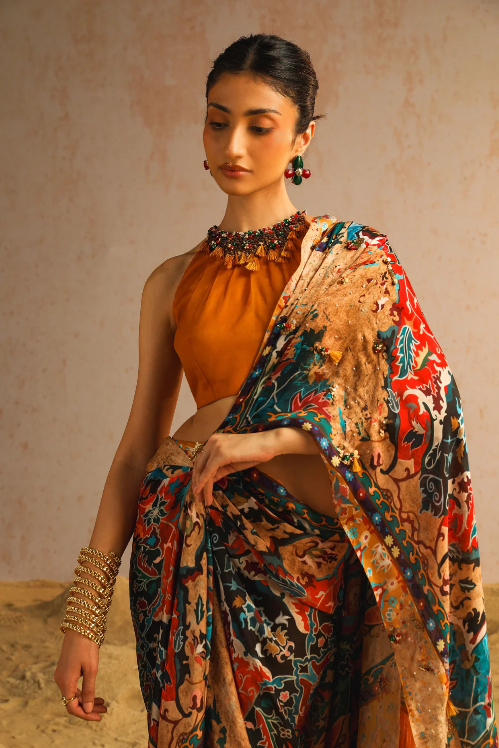 Mustard yellow draped saree with halter neck blouse - Image 4